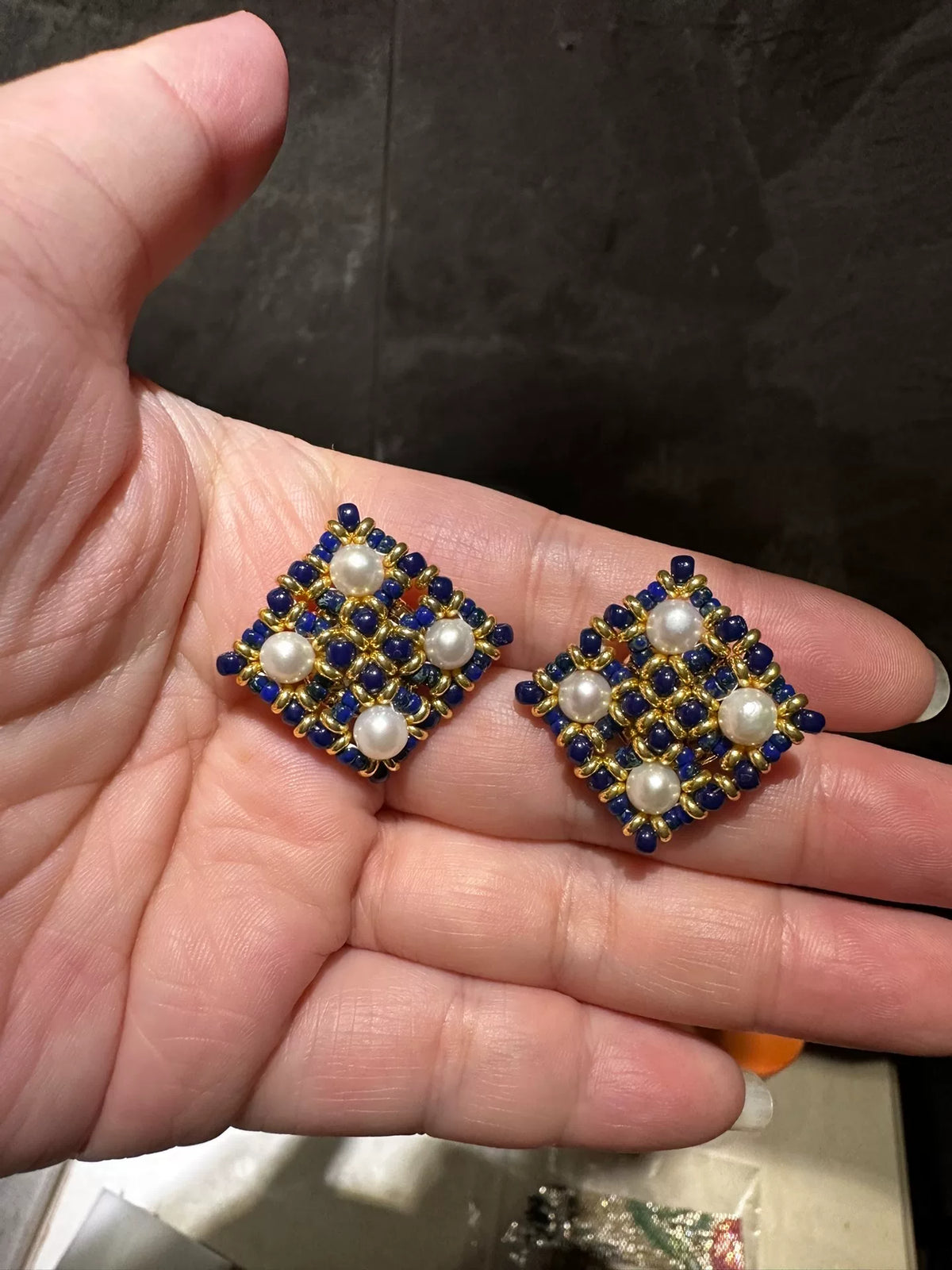 Blue Gold Beaded Square Stud Earrings