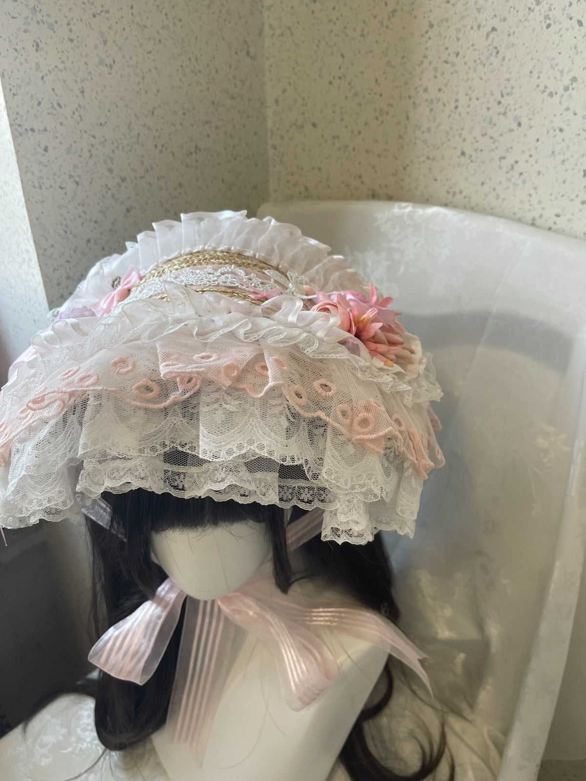 Lolita Pink White Lace Bonnet Hat