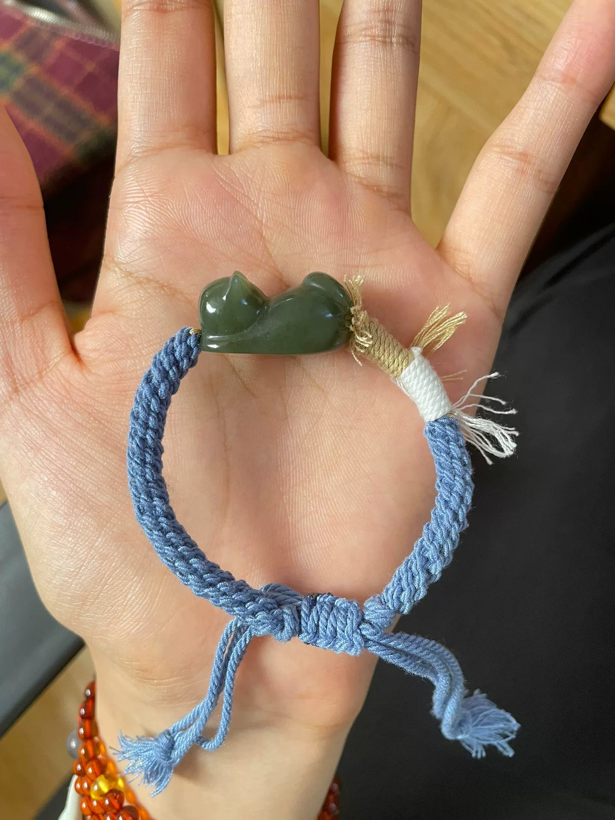 Dunkelgrüne Hetian-Jade Katze-Kordarmband