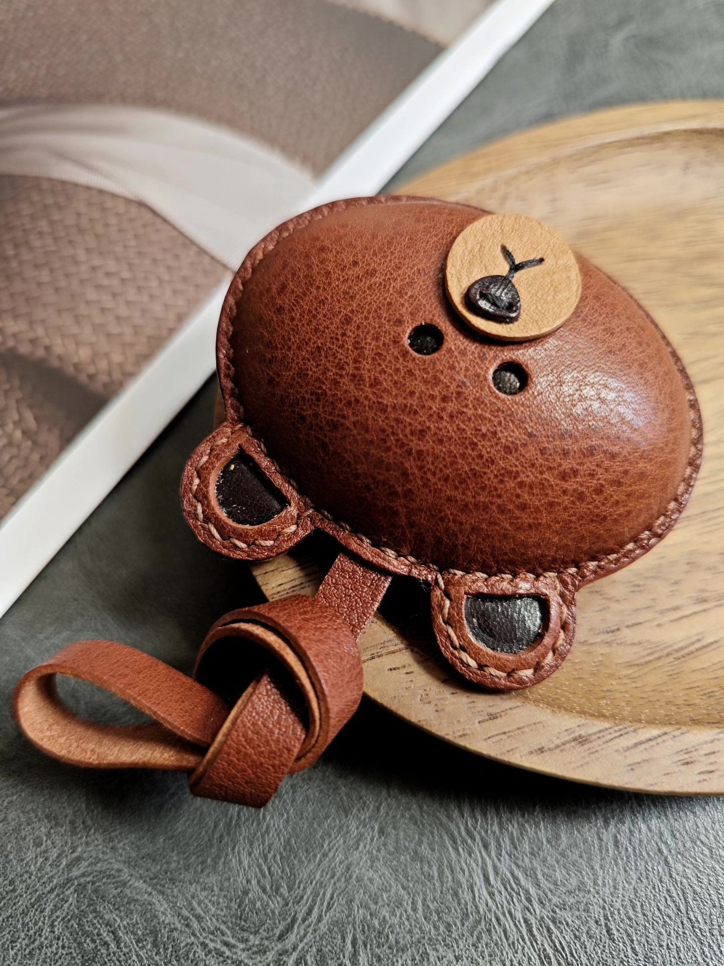 Hand-Stitched Brown Bear Head Leather Keychain Bag Charm