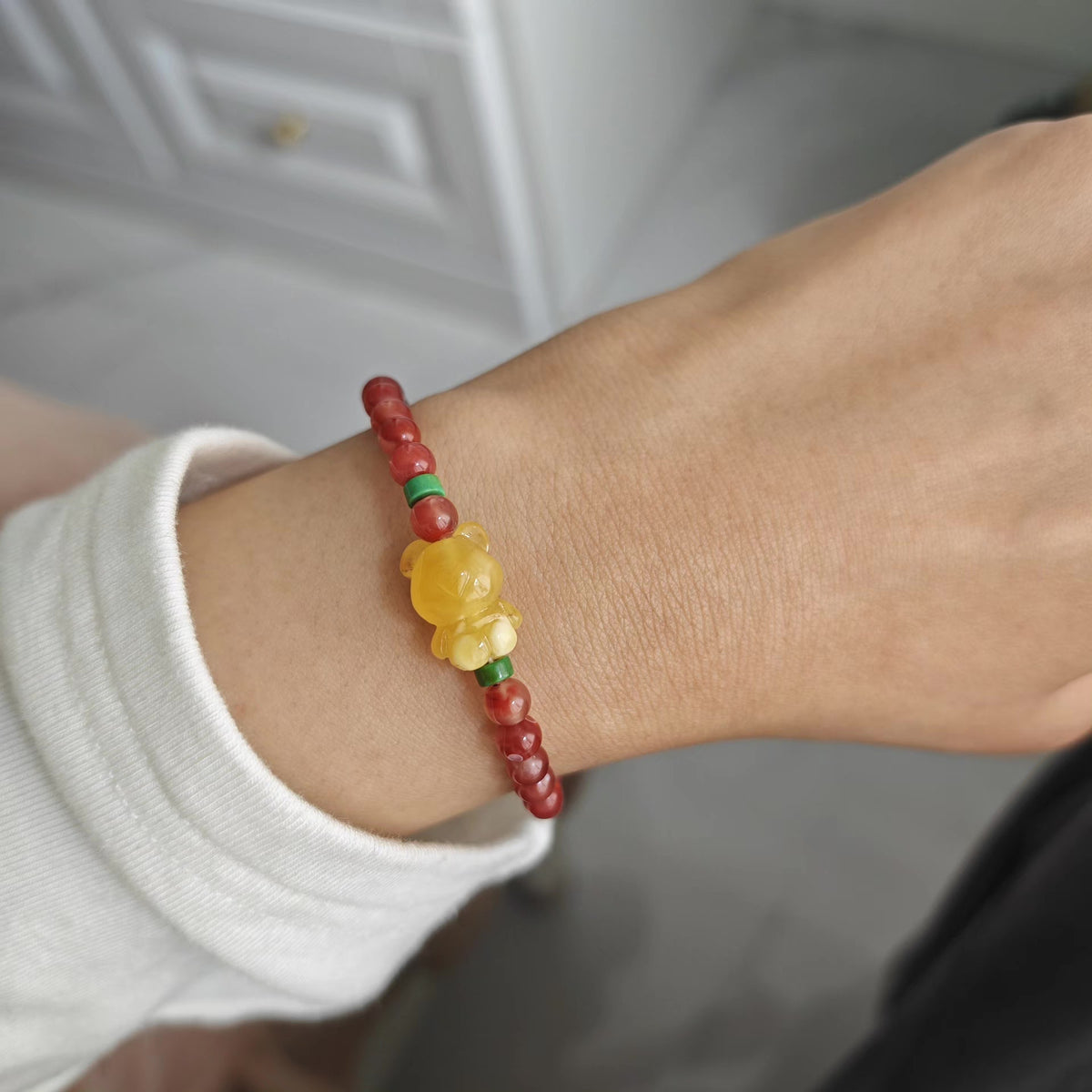 Honey Amber Bear Red Agate Bracelet