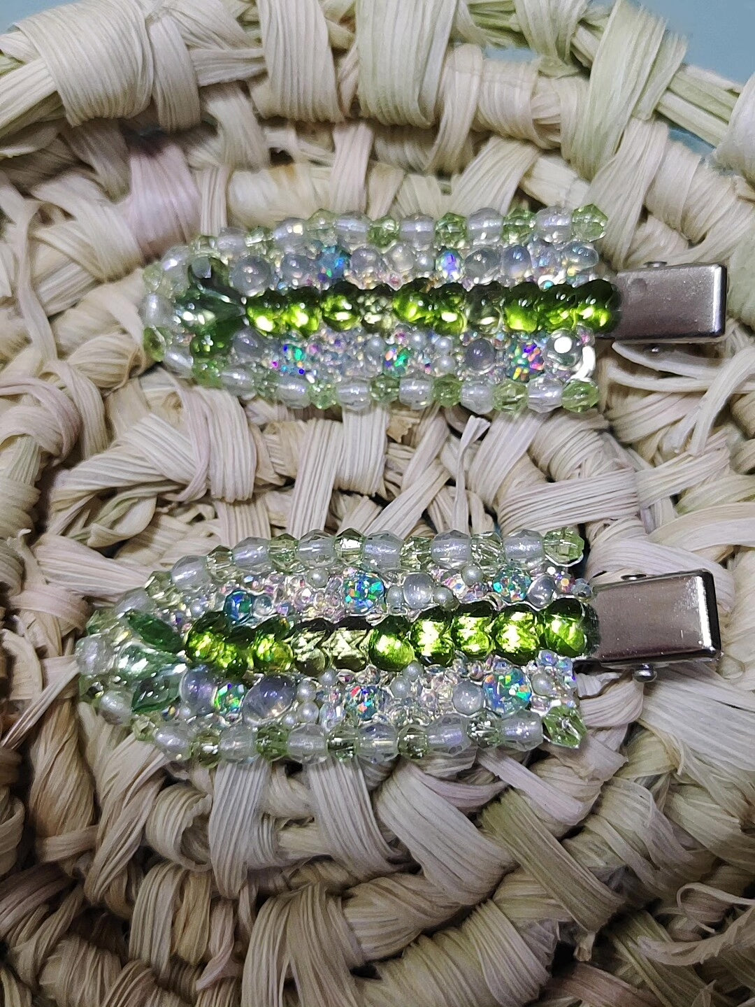 Handmade Green Beaded Hair Clip Pair