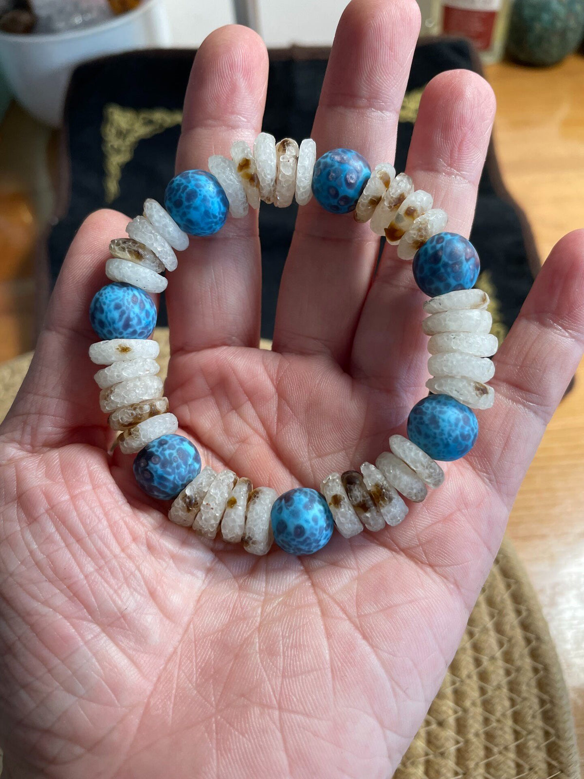 Blue Glass Beaded Bracelet with White Spacers