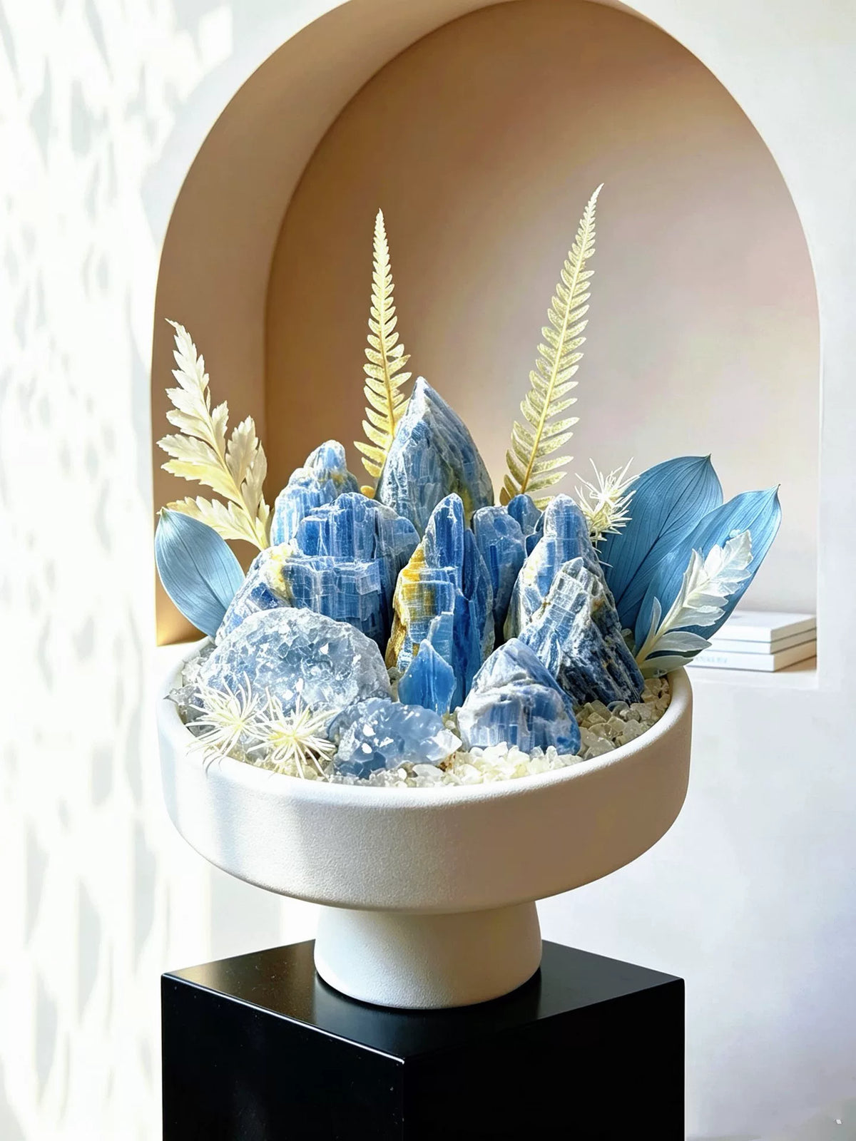 Handgakte Blauwe Kyaniet Kristal Bonsai in Keramische Schaal