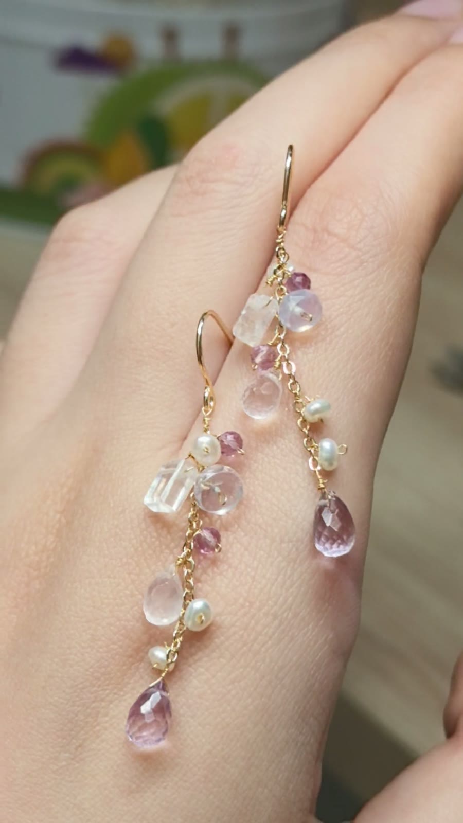 ムーンストーンパール ピンクジェムーン ドロップピアス