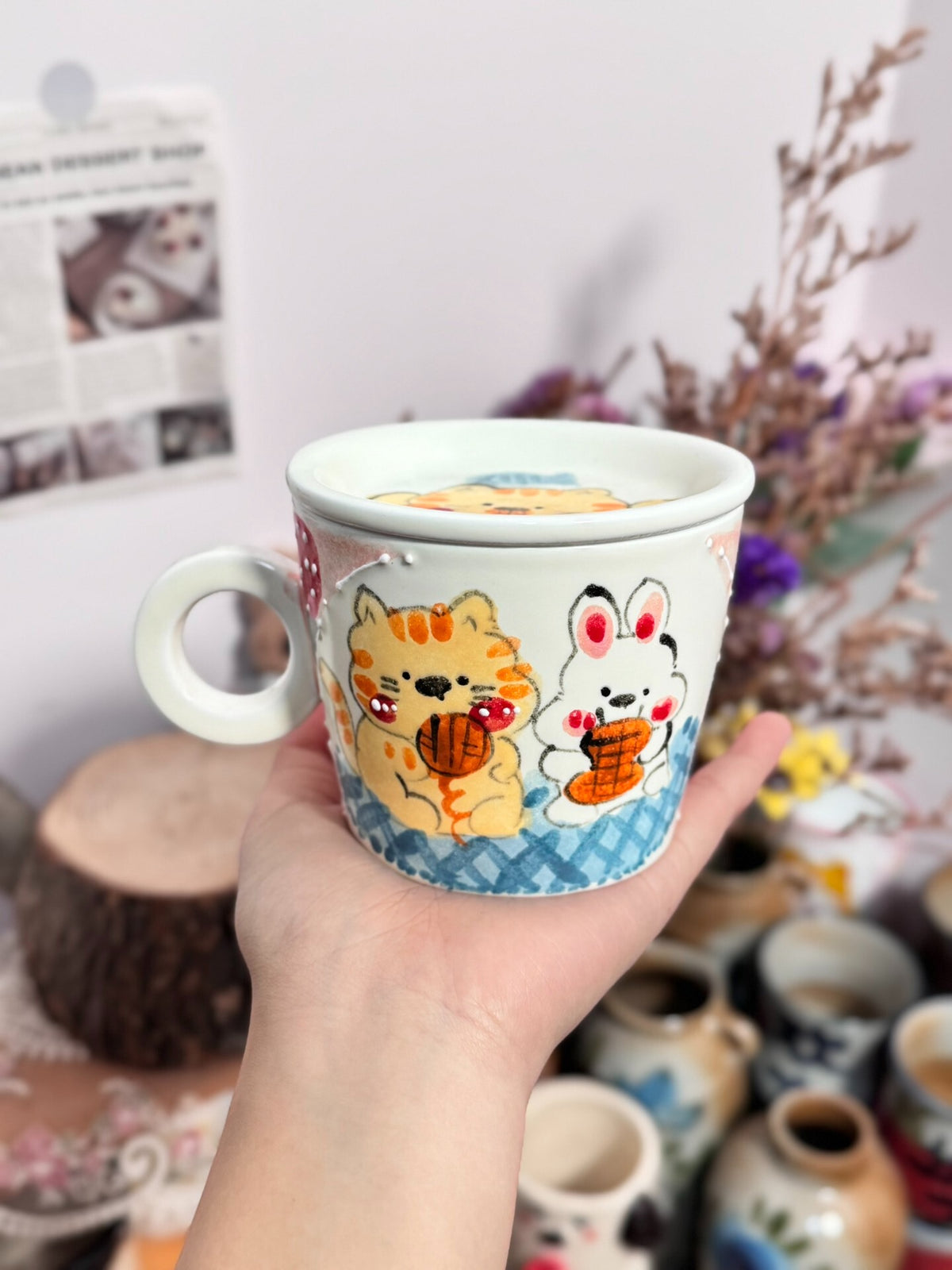 Handmade Ceramic Coffee Mug Strawberry Cat Rabbit Pink