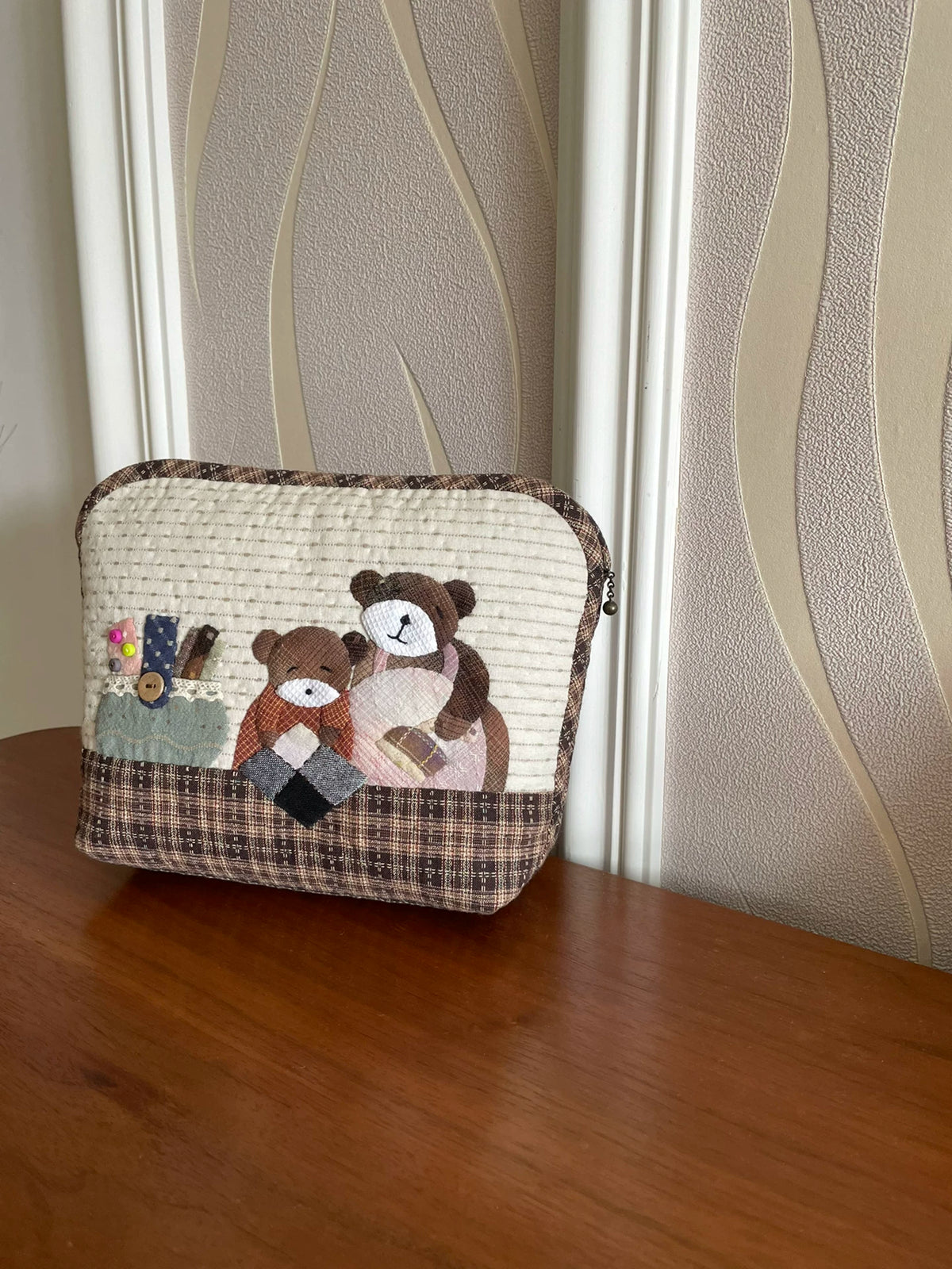 Handmade Patchwork Bear Applique Zip Pouch