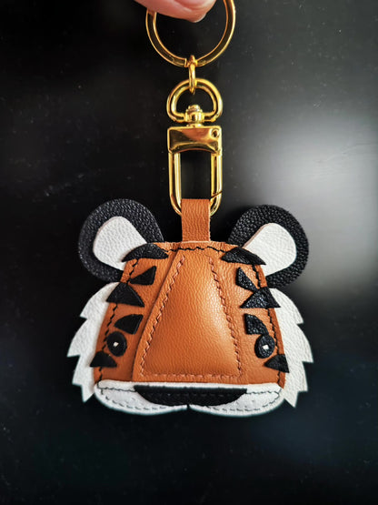 Genuine Leather Tiger Head Keychain with Lobster Clasp