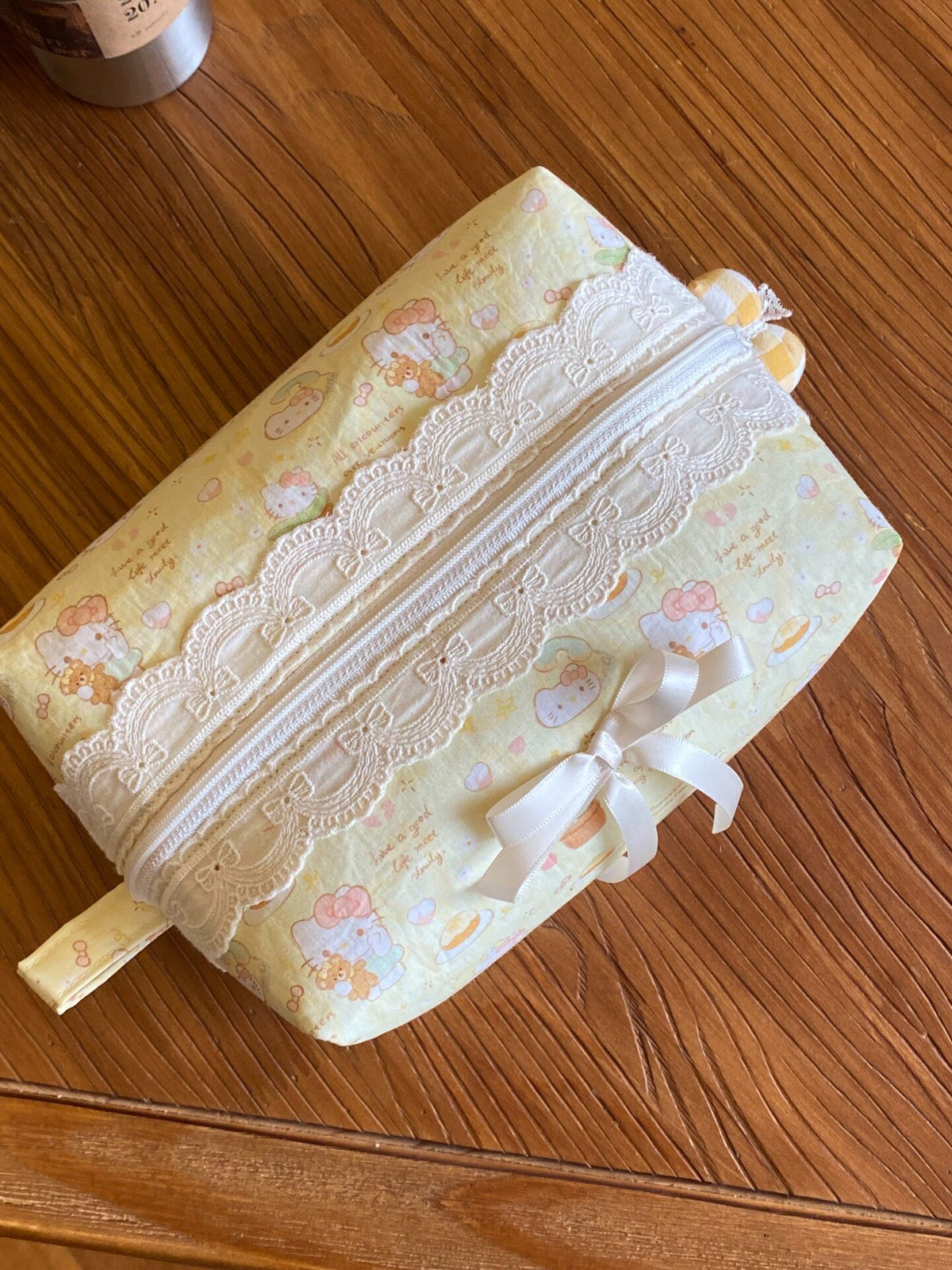 Cat Print Lace Trim Cosmetic Pouch