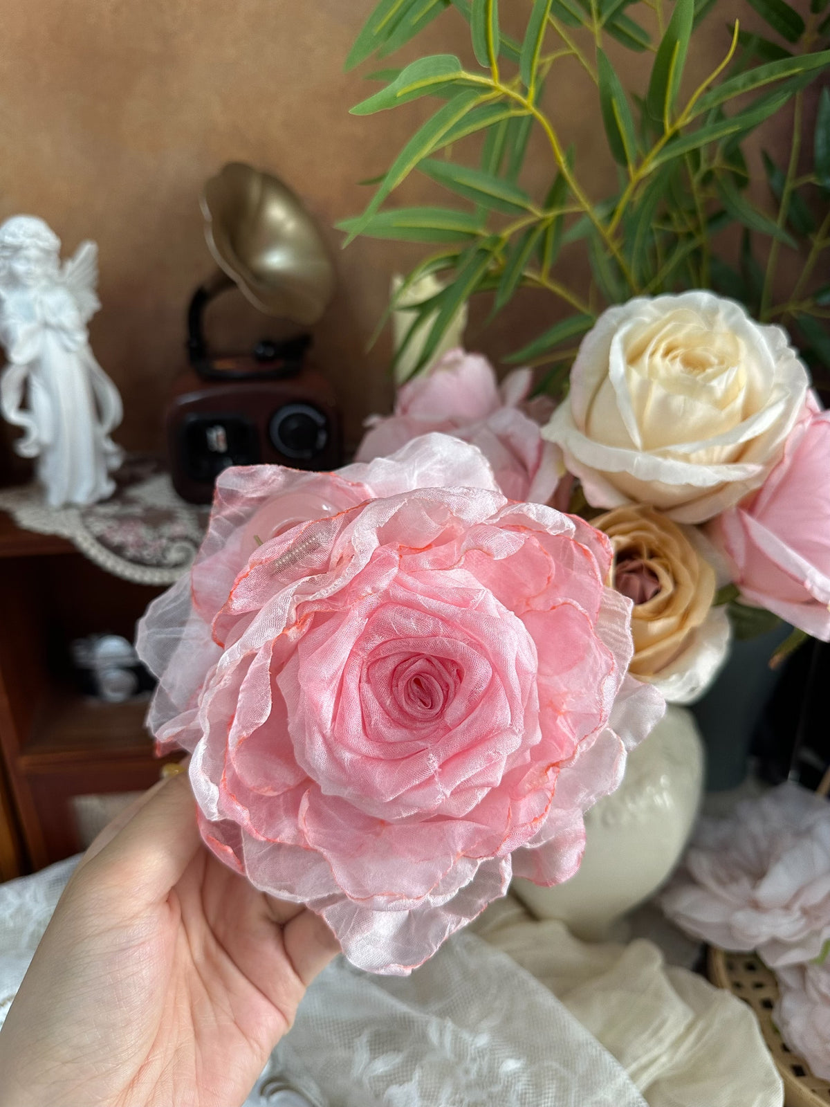 Handcrafted Fabric Rose Hair Clip Cherry Blossom Pink