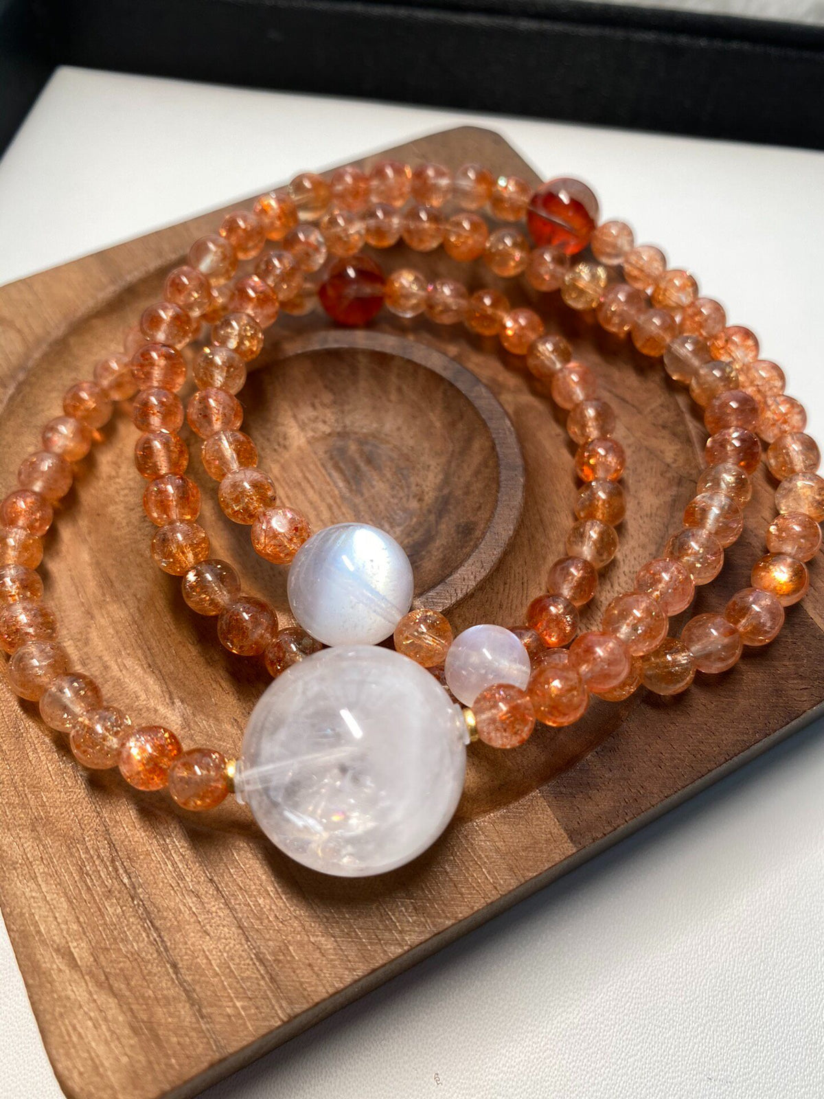 Golden Sunstone Triple Wrap Bracelet White Phantom Quartz