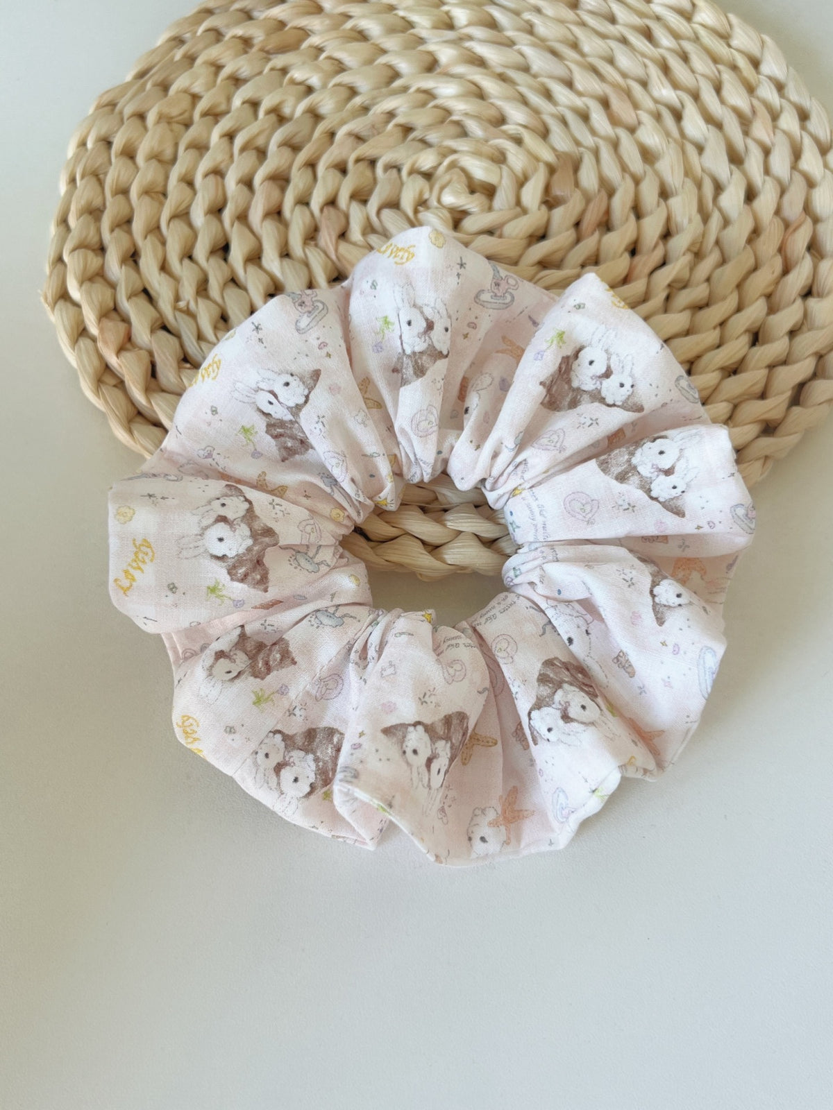 Pink Rabbit Print Fabric Hair Scrunchie
