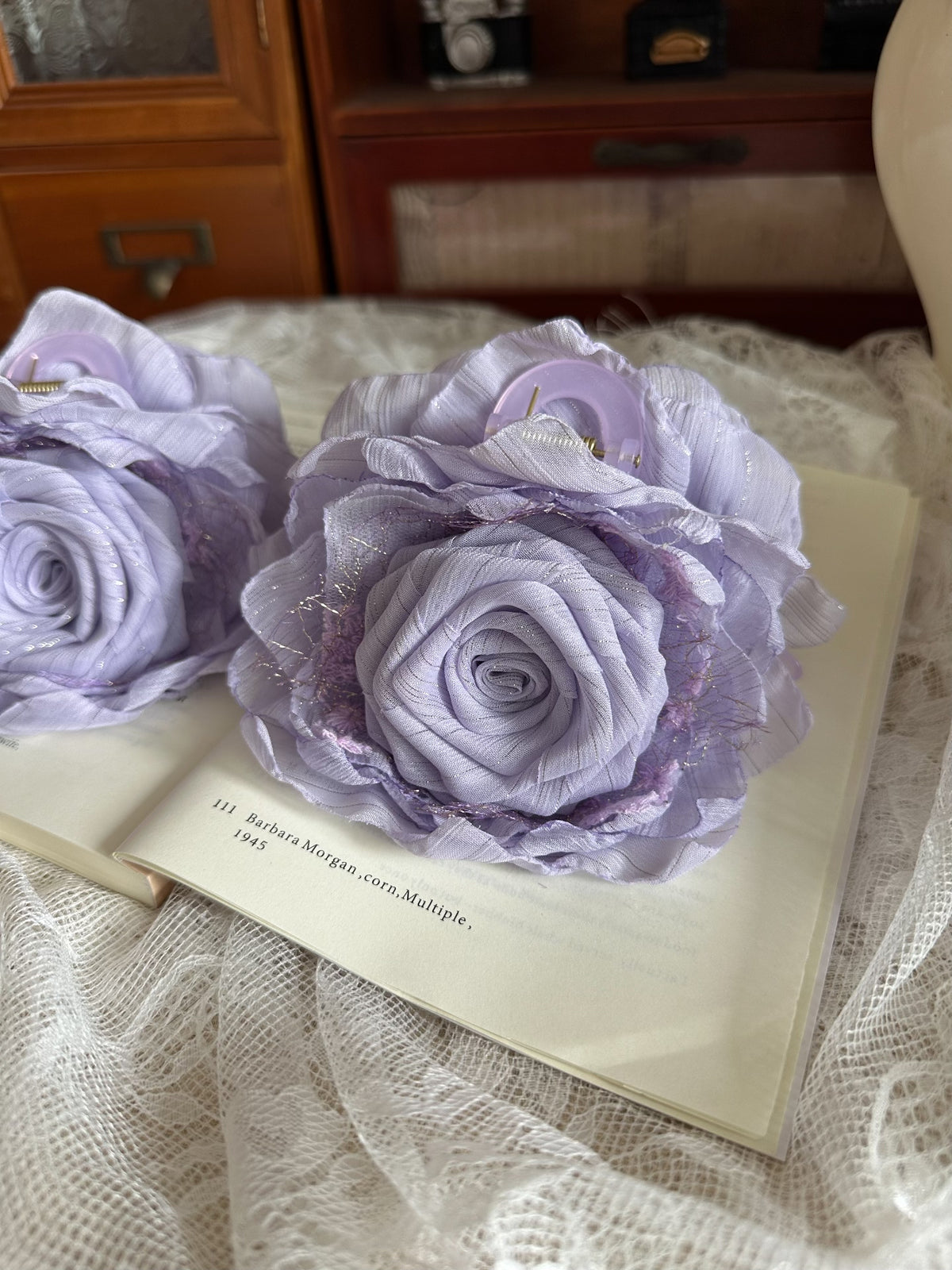 Handmade Fabric Rose Claw Clip Lavender