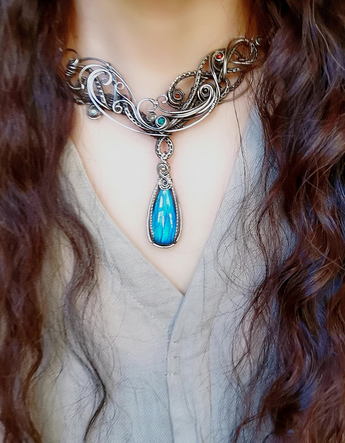 Handgemaakte Druppel Labradorite Choker Ketting