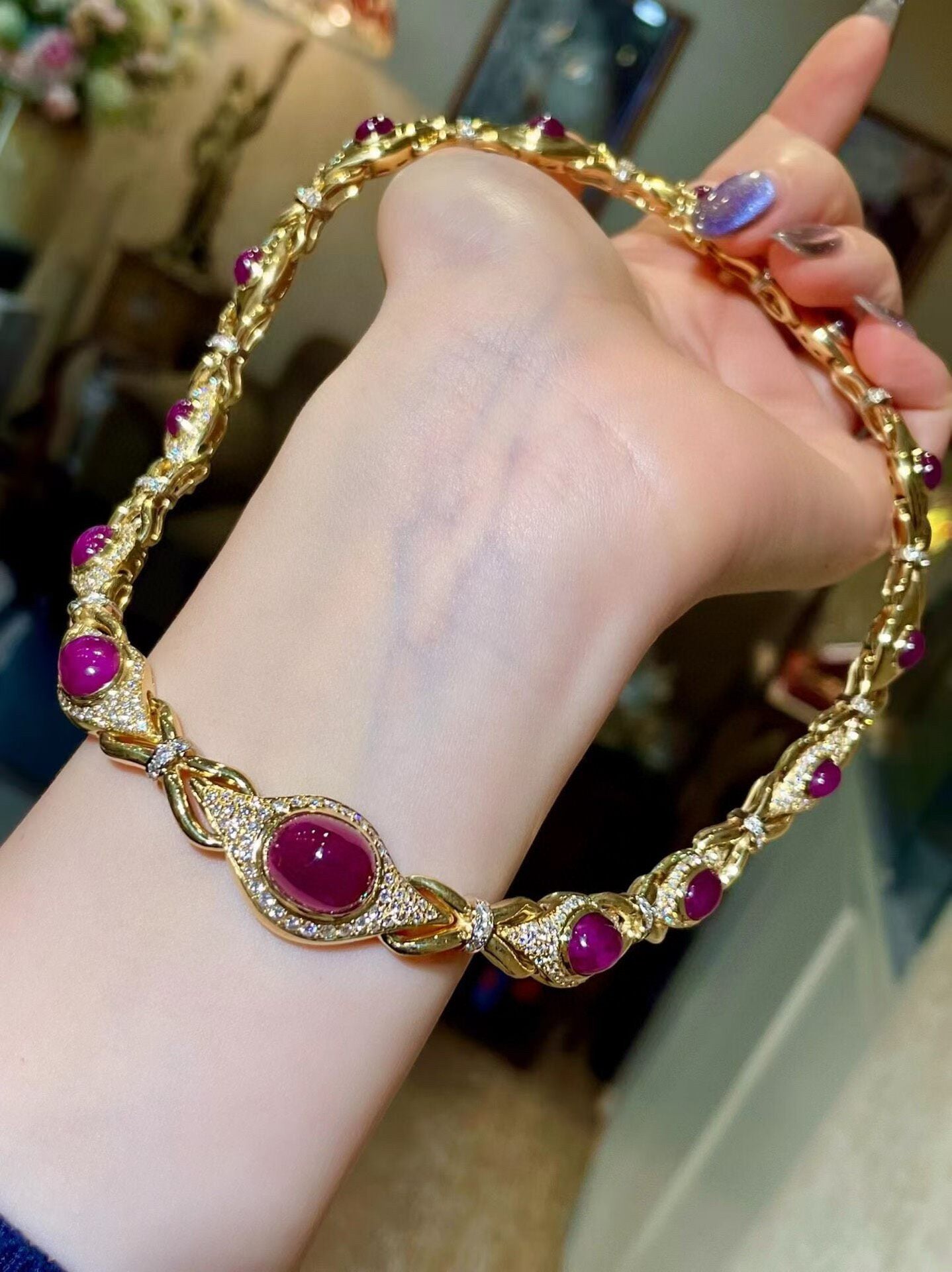 18K Gold Ruby and Diamond Cabochon Necklace, 42cm