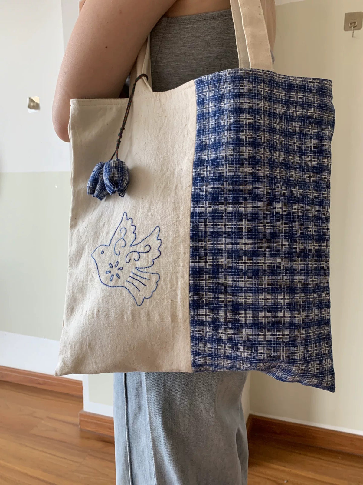 Handmade Woven Cotton Tote Bag Blue Checkered Bird Embroidery