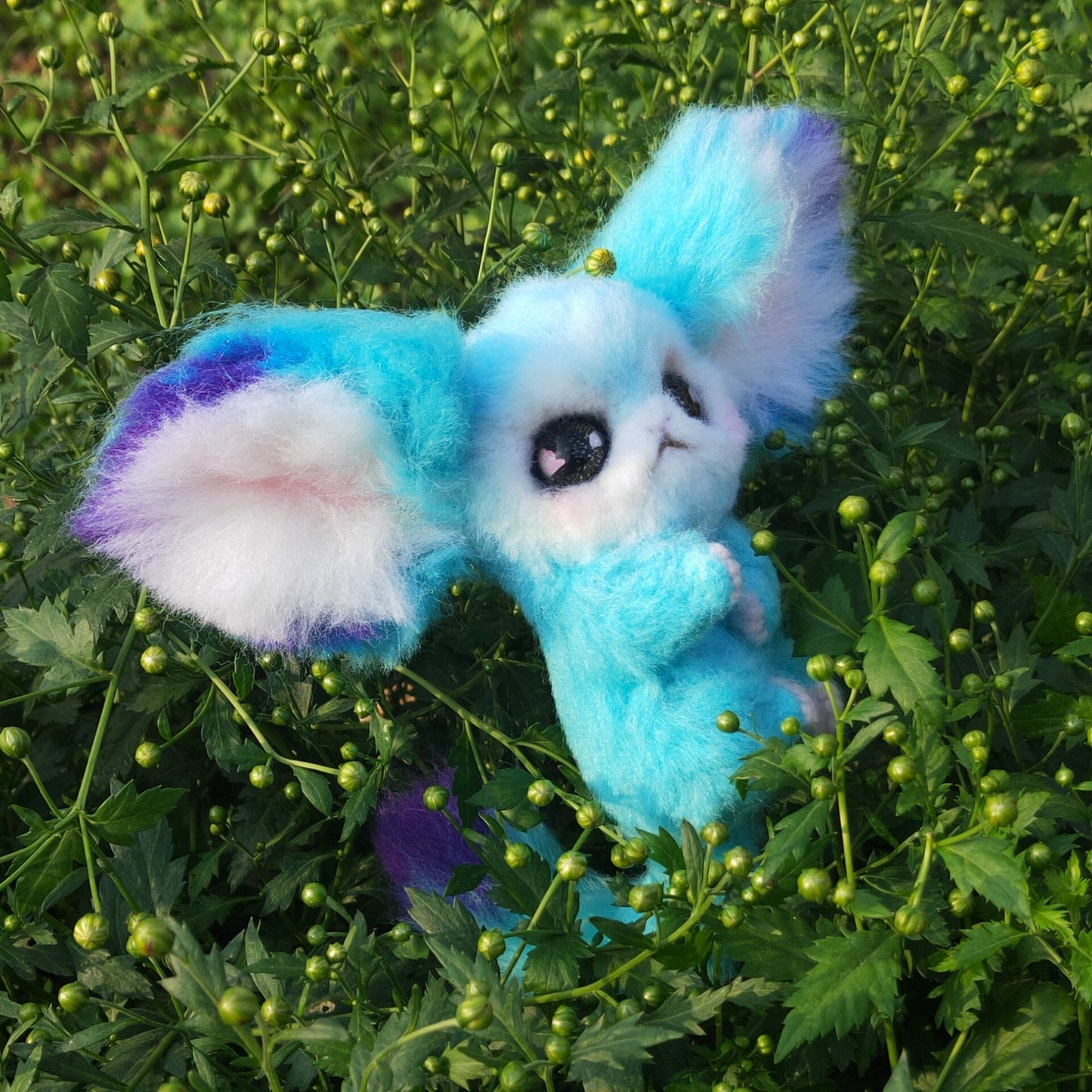 Blue Wool Felt Fennec Fox Spirit Figure with Articulated Wire Frame
