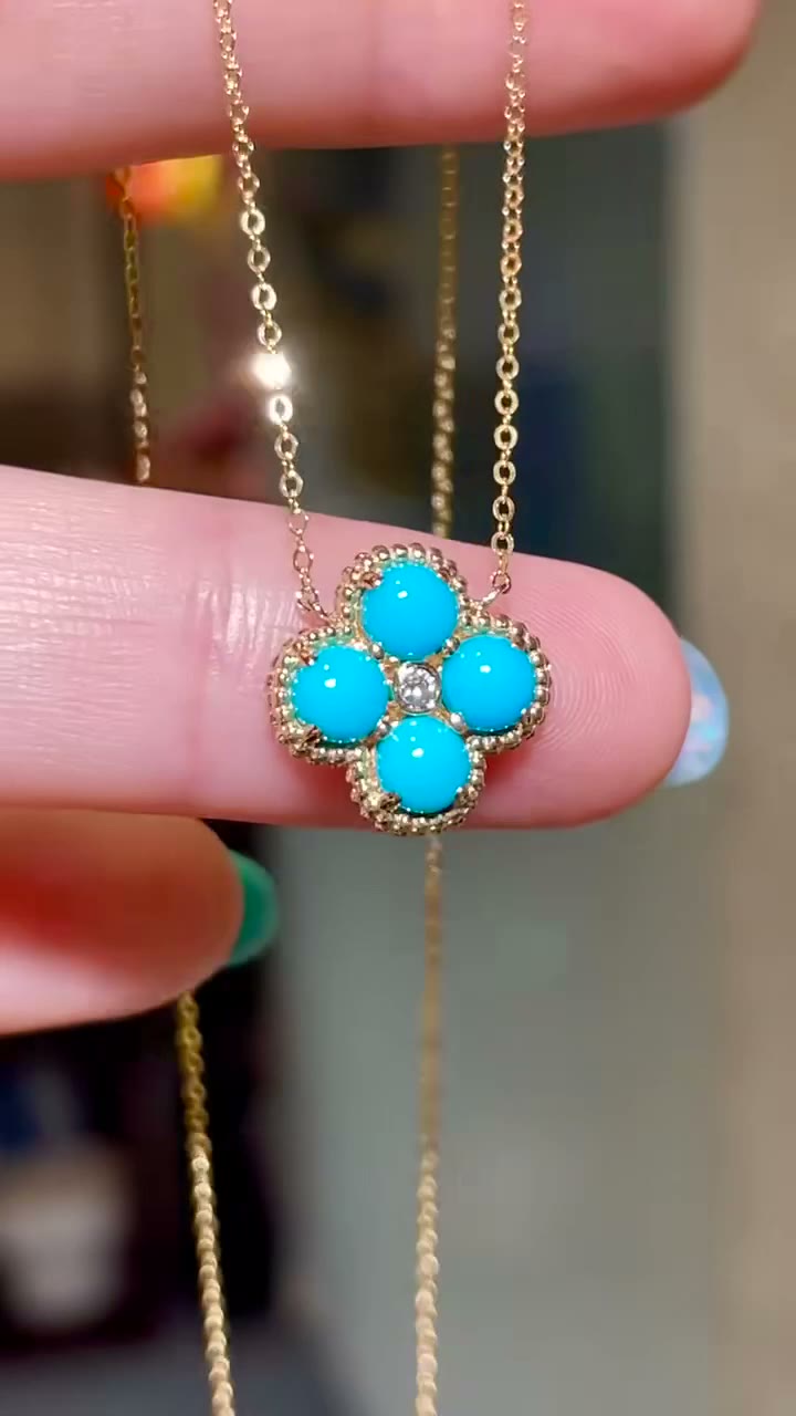 18K Gold Four Leaf Clover Blue Stone Necklace