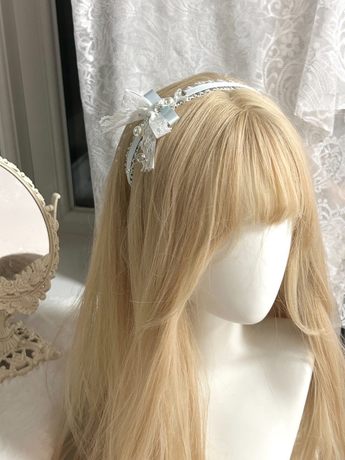 Handmade Light Blue Lace Bow Headband