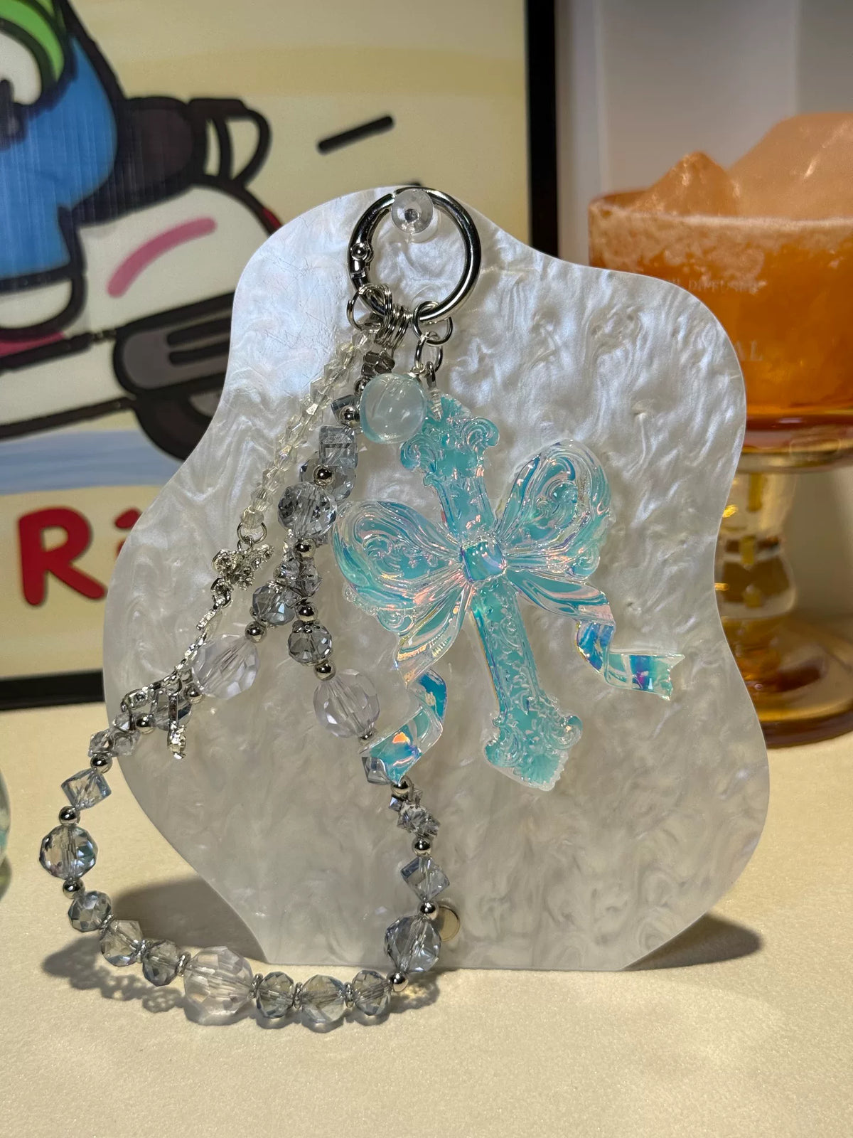 Aqua Blue Cross Keychain with Beaded Chain
