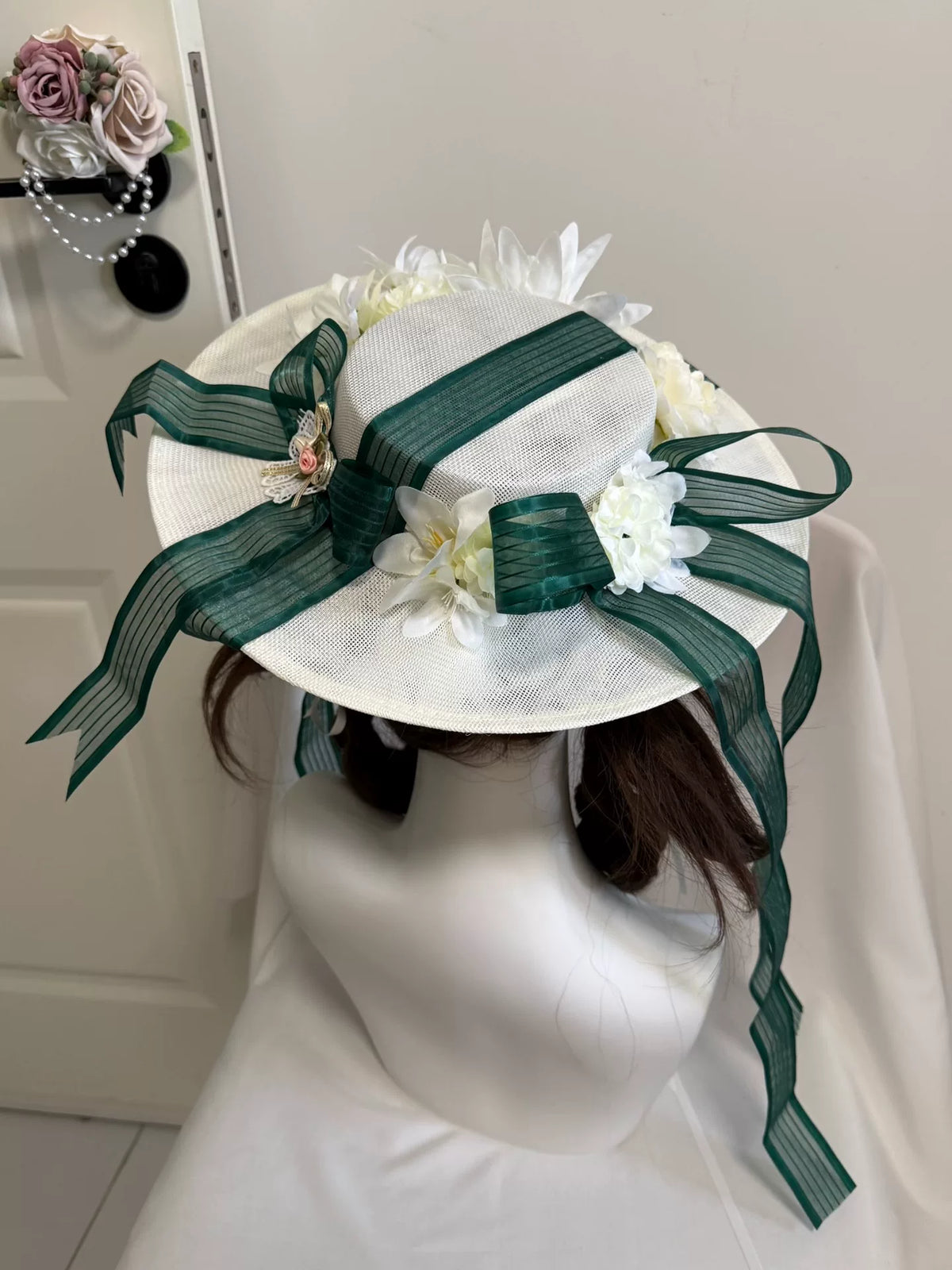 Sombrero de paja Lolita de ala ancha en verde