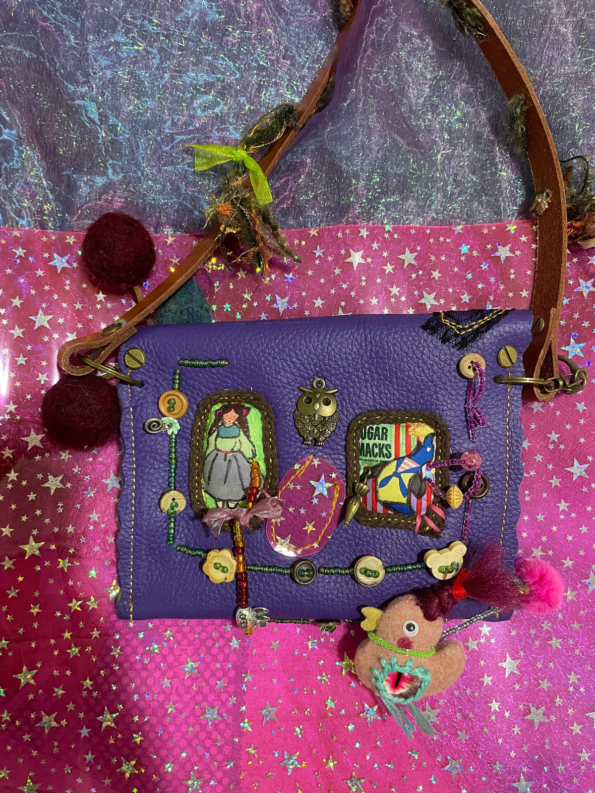 Purple Leather Crossbody Bag with Embellishments