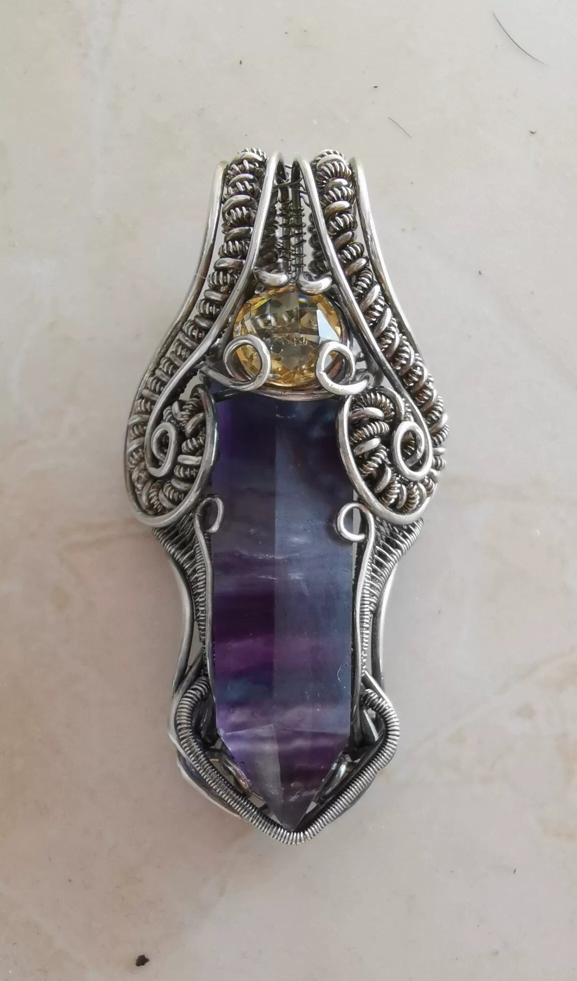 S999 Silver Wire Wrapped Fluorite Citrine Pendant