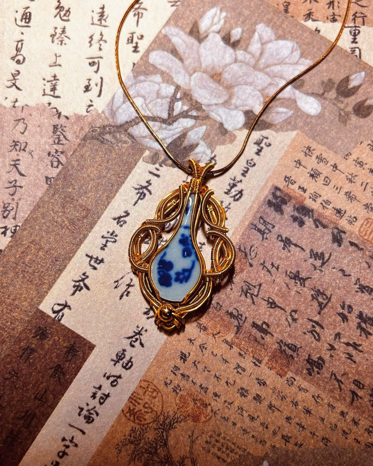 Ceramic Teardrop Pendant Necklace with Wire Wrap