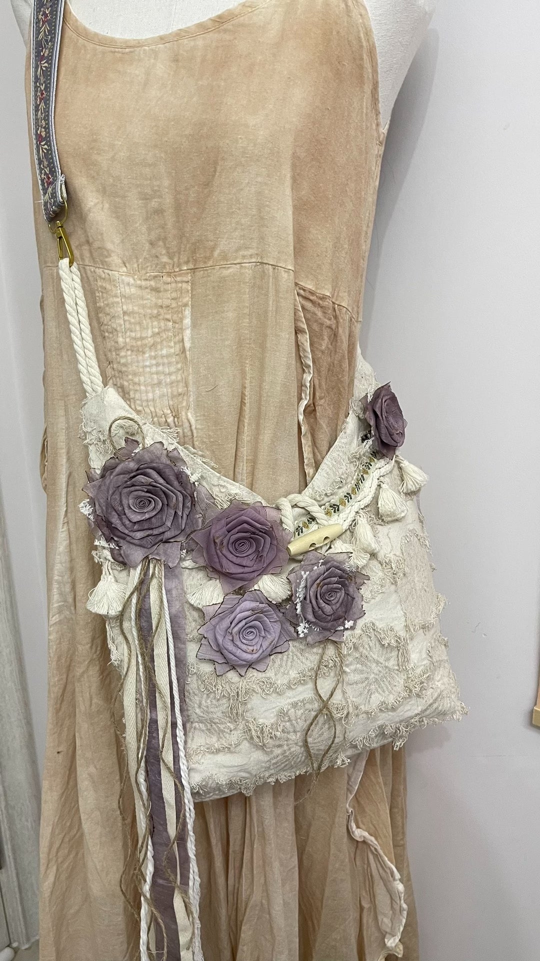 Handwoven Fabric Bag with Purple Roses