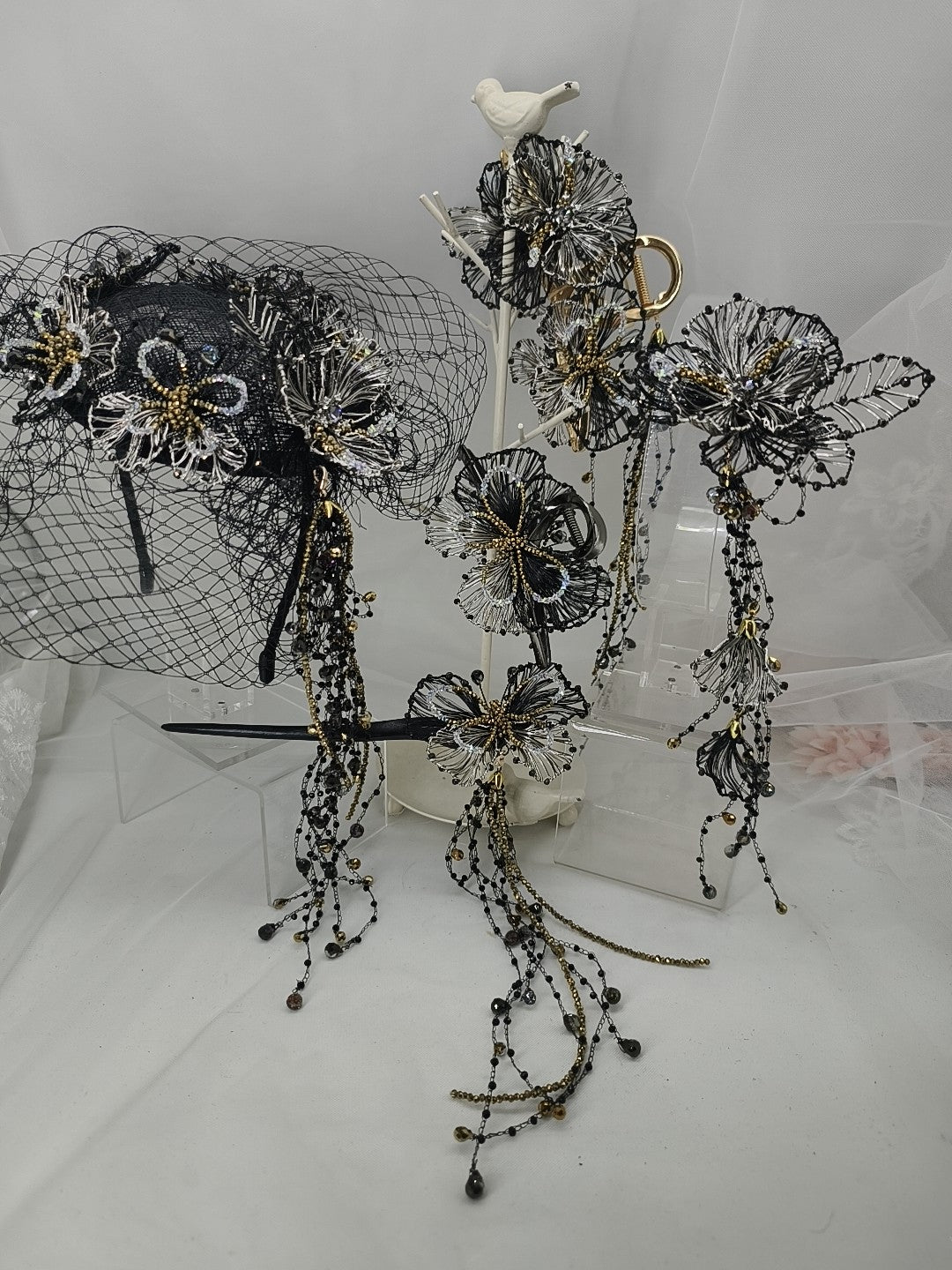 Handmade Black Gold Wire Flower Hair Clips