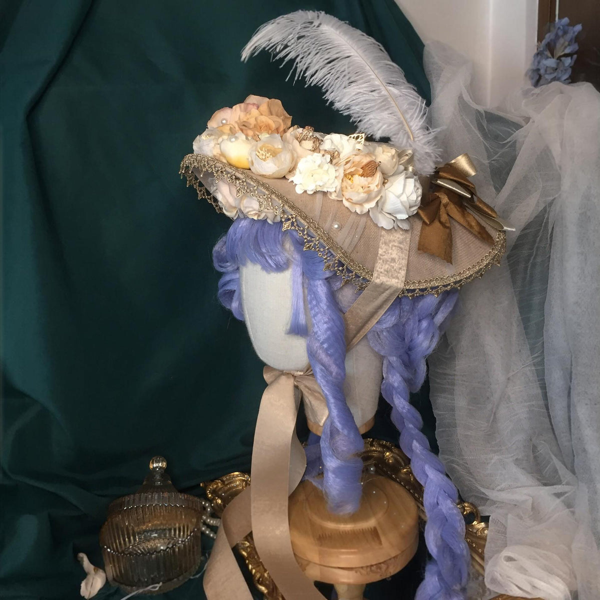 Lolita Flat Hat with Floral Lace Trim