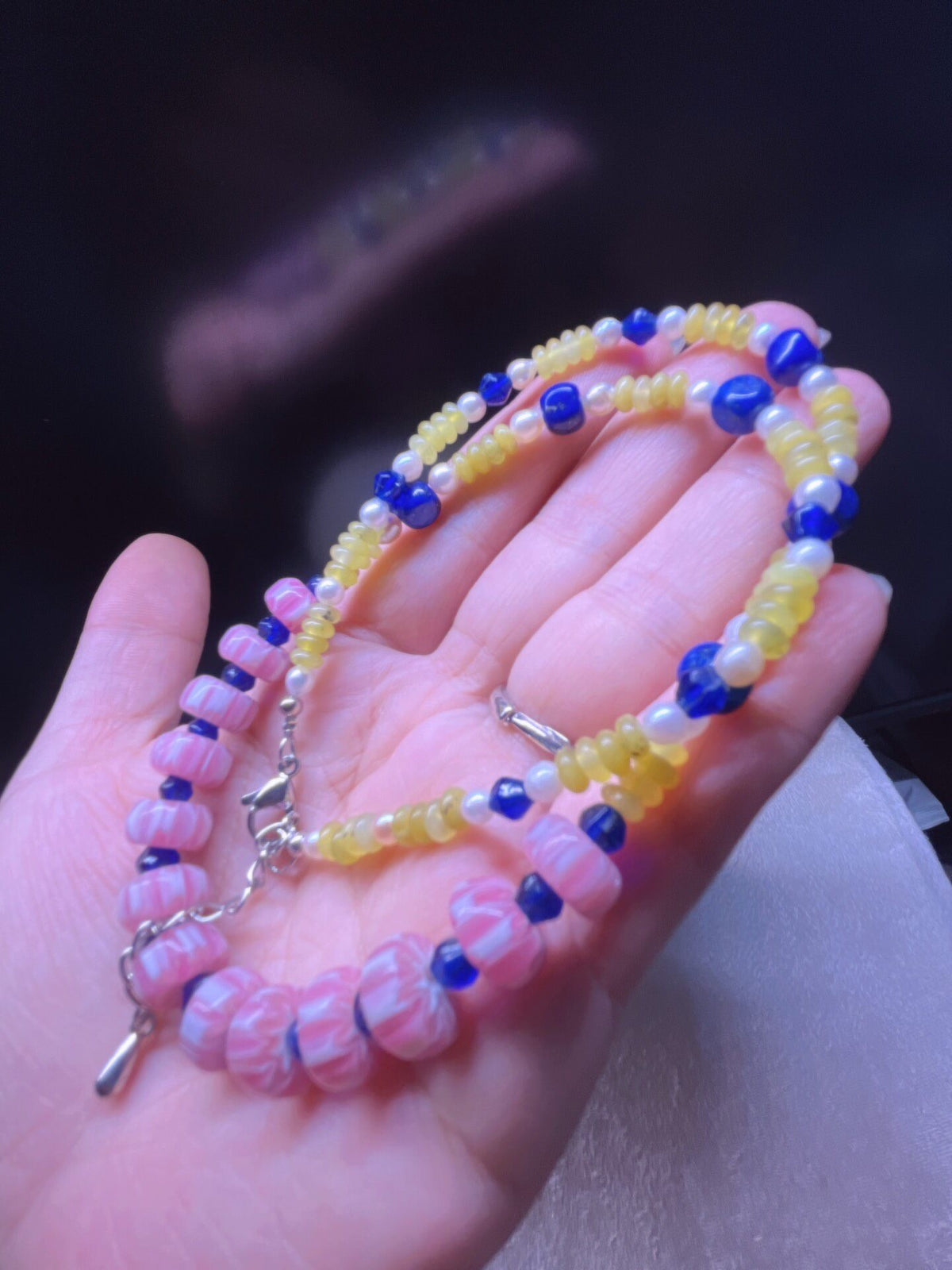 Beaded Chevron Glass Necklace with Pearls