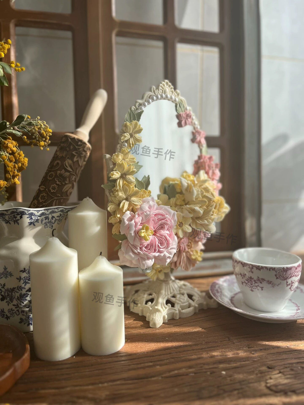 Clay Flower Decorated Oval Standing Mirror