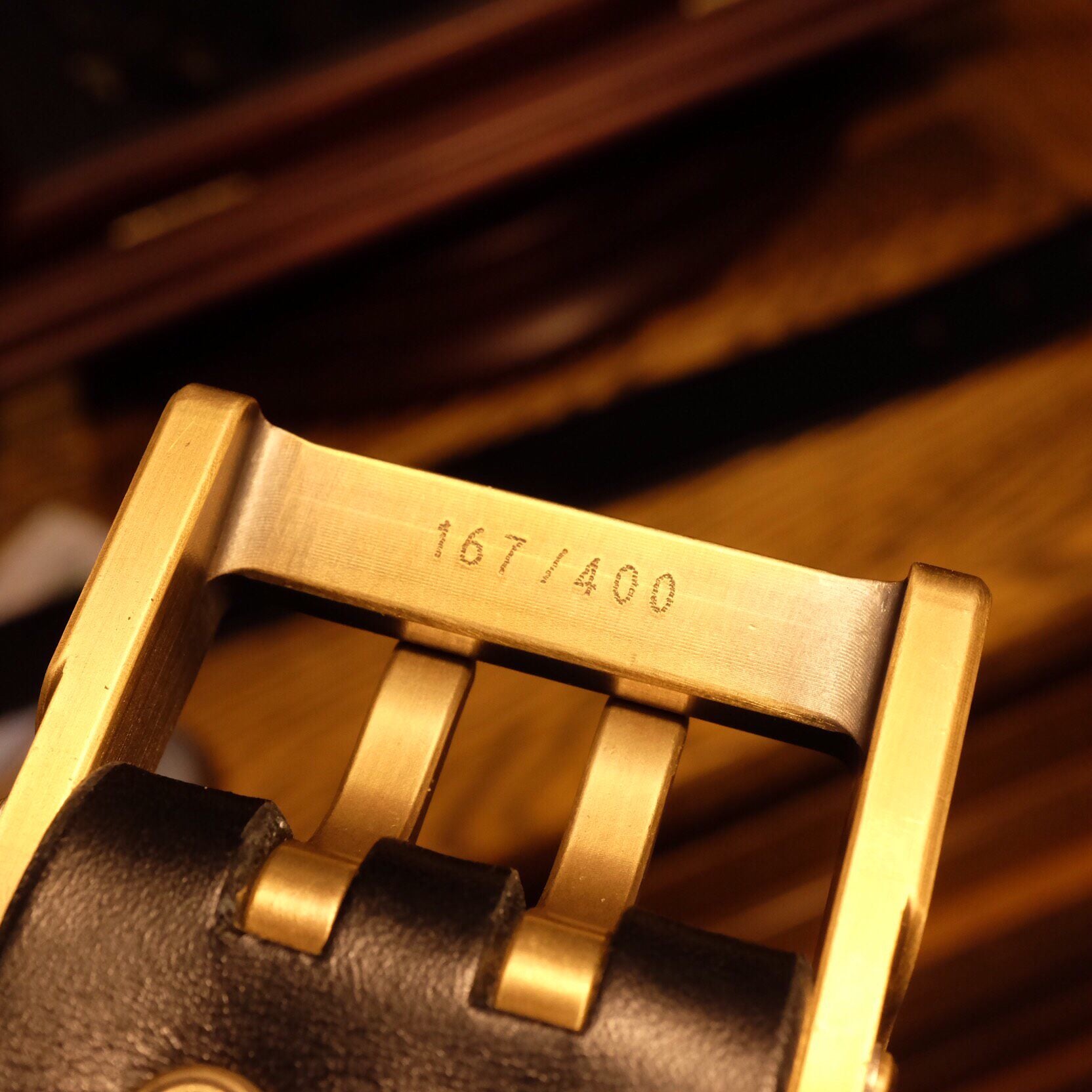 45mm Black Leather Belt with Brass Buckle and Engraved Number