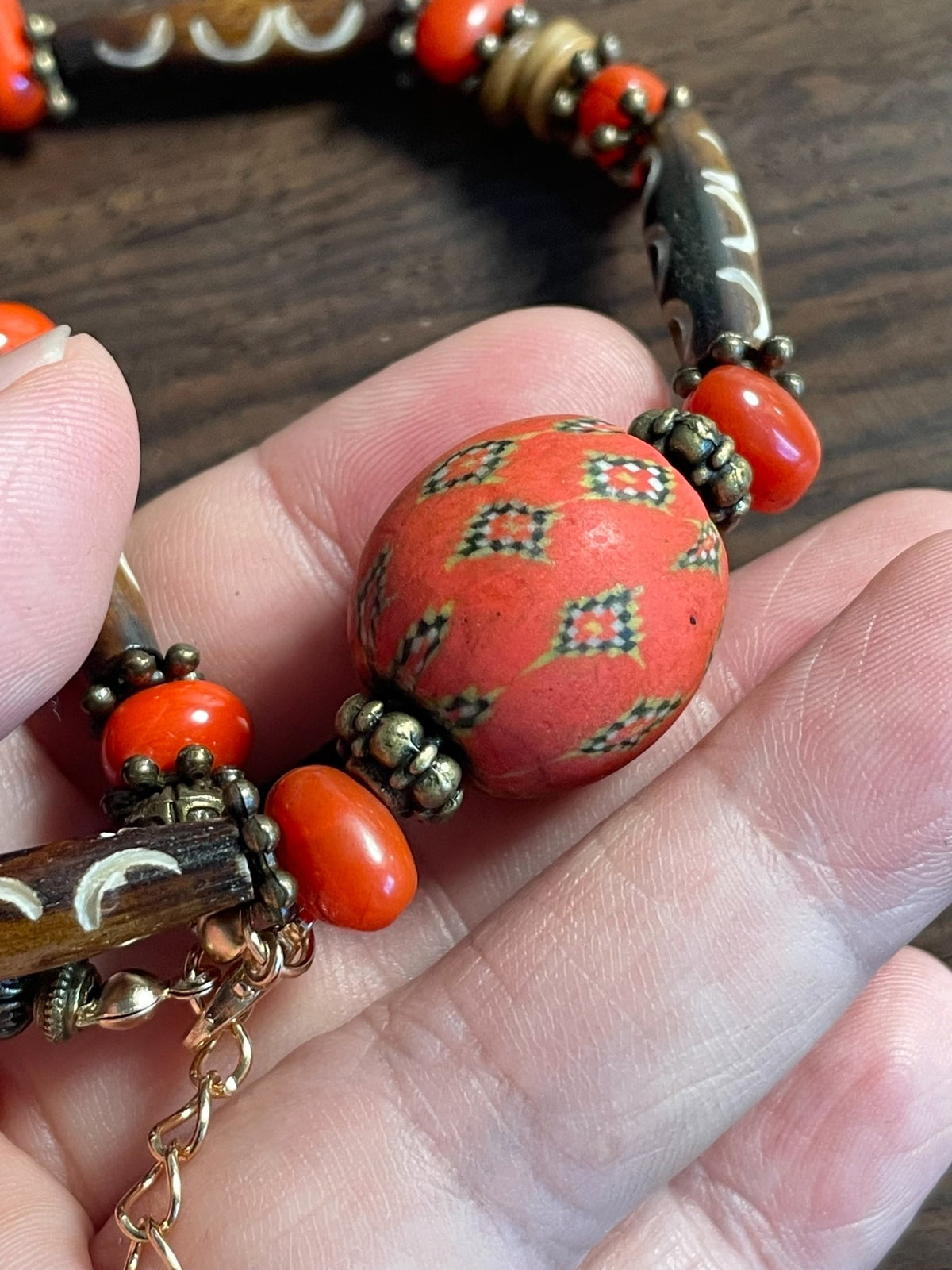 Bohemian Bone and Red Glass Bead Necklace