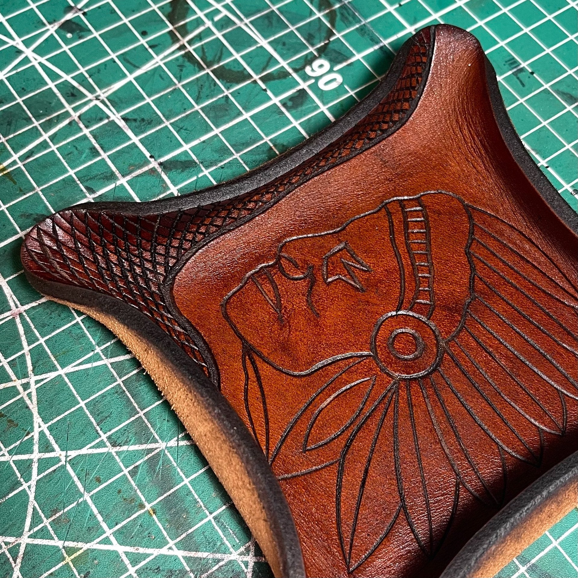 Square Vegetable-Tanned Leather Tray with Carved Portrait