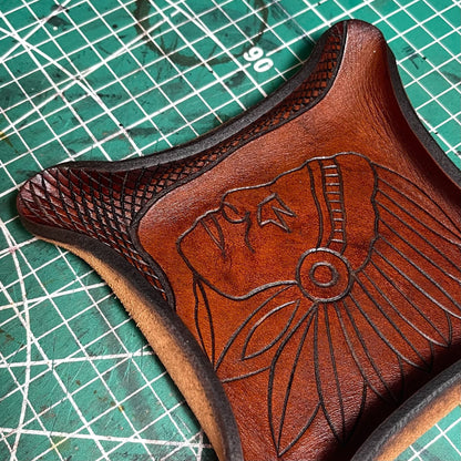 Square Vegetable-Tanned Leather Tray with Carved Portrait