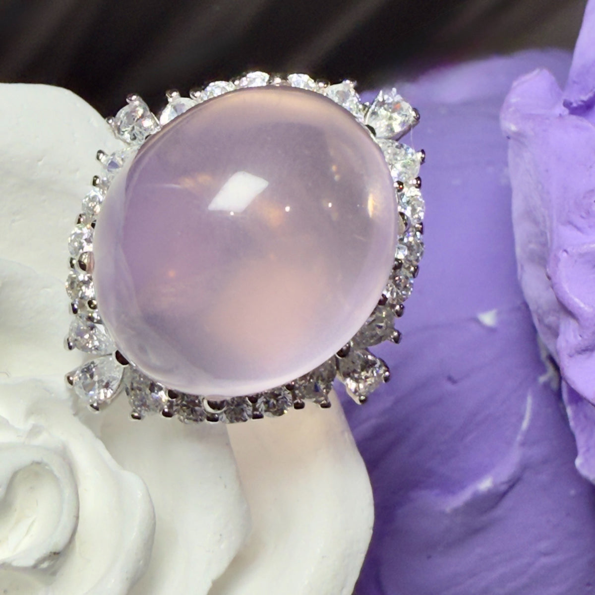 Pink Crystal Cabochon 925 Silver Ring