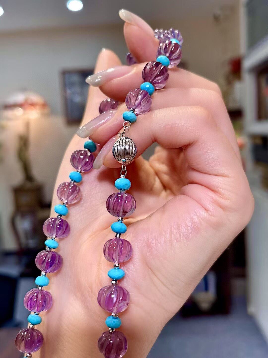 Purple Pumpkin-Cut Amethyst and Turquoise Bead Necklace