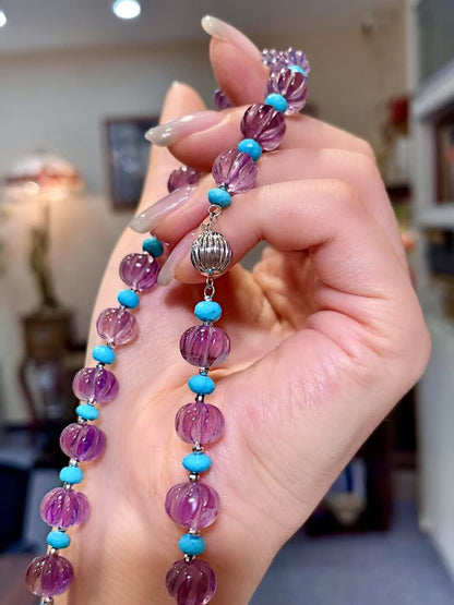 Purple Pumpkin-Cut Amethyst and Turquoise Bead Necklace
