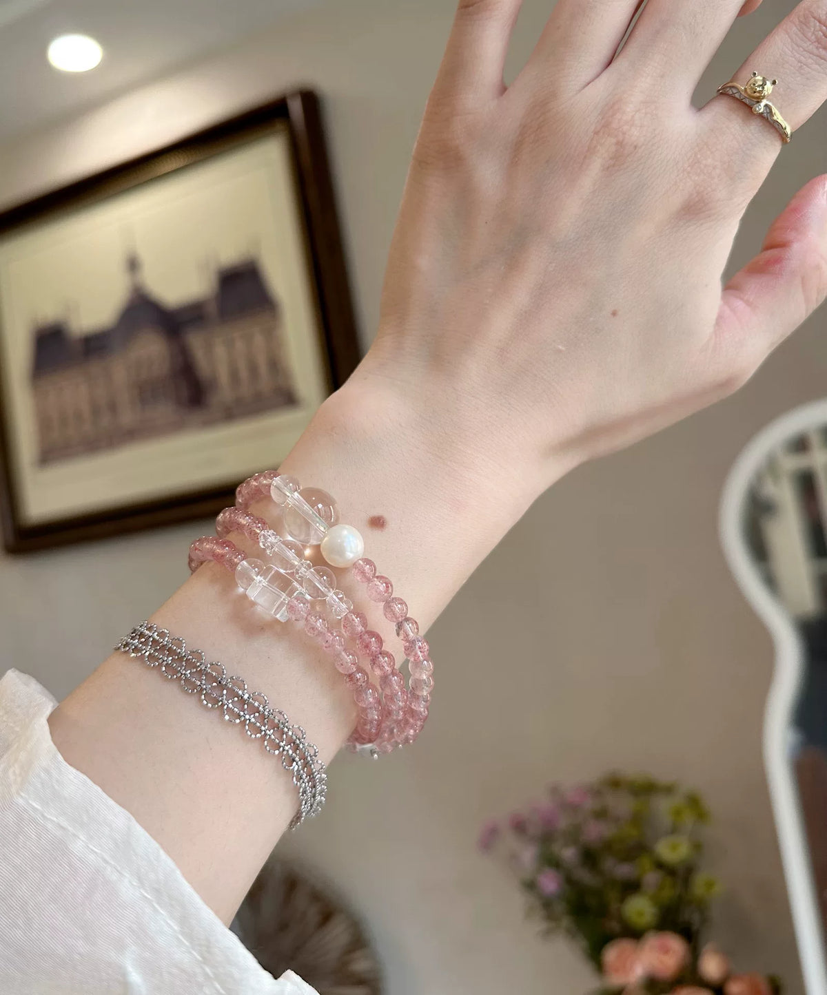 Strawberry Quartz White Crystal Multi Strand Bracelet