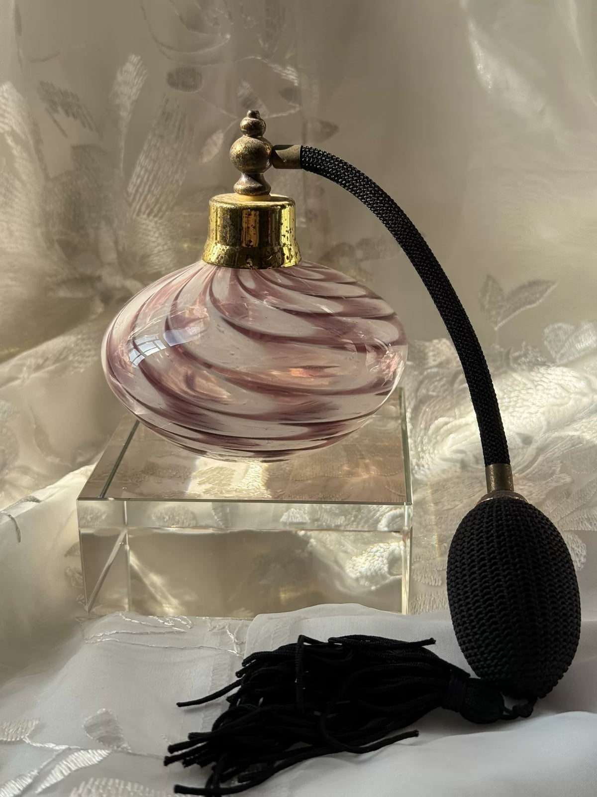 Vintage Glass Perfume Bottle White Purple Swirl