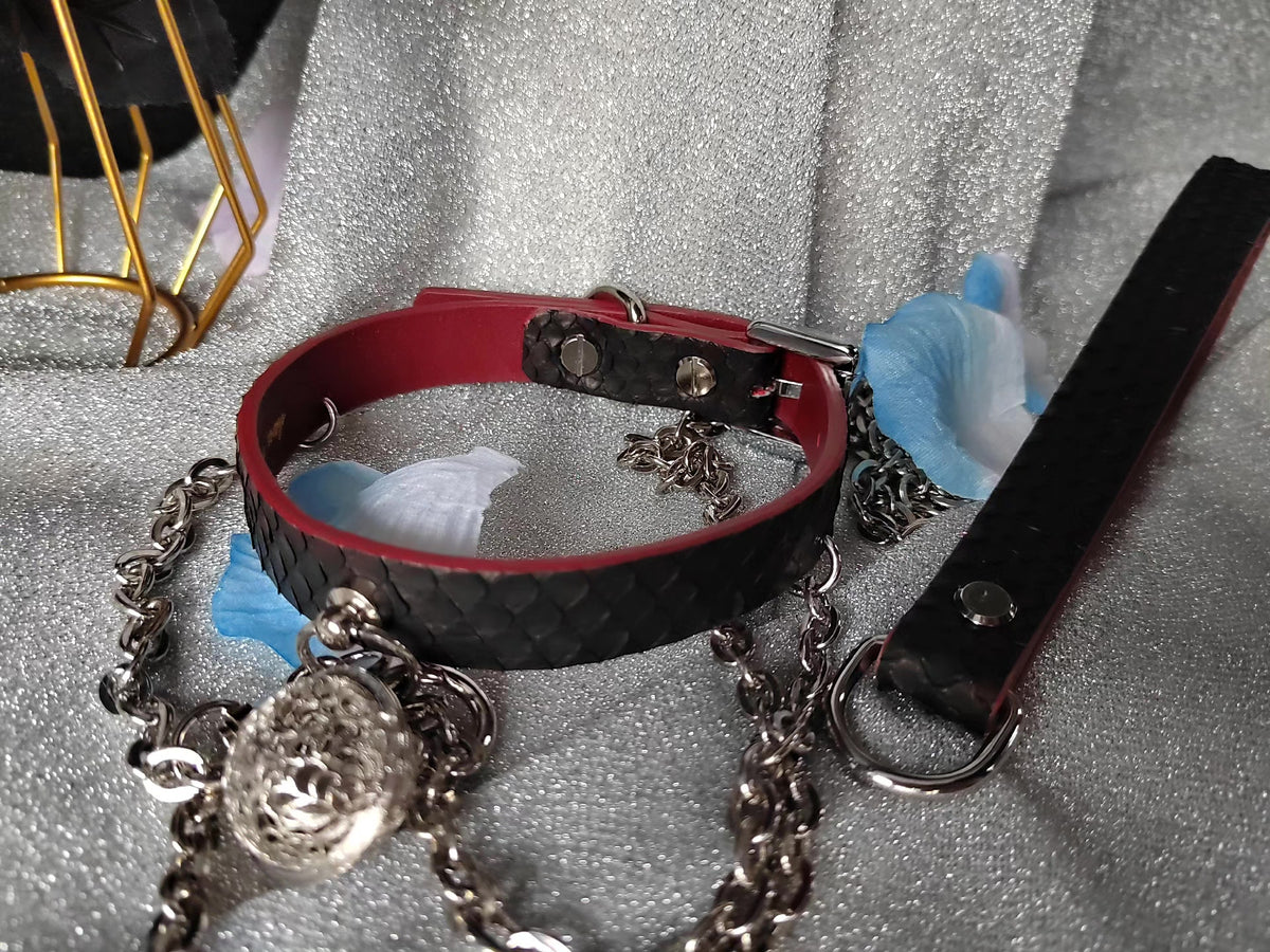 Black Snakeskin Leather Pet Collar Leash Set