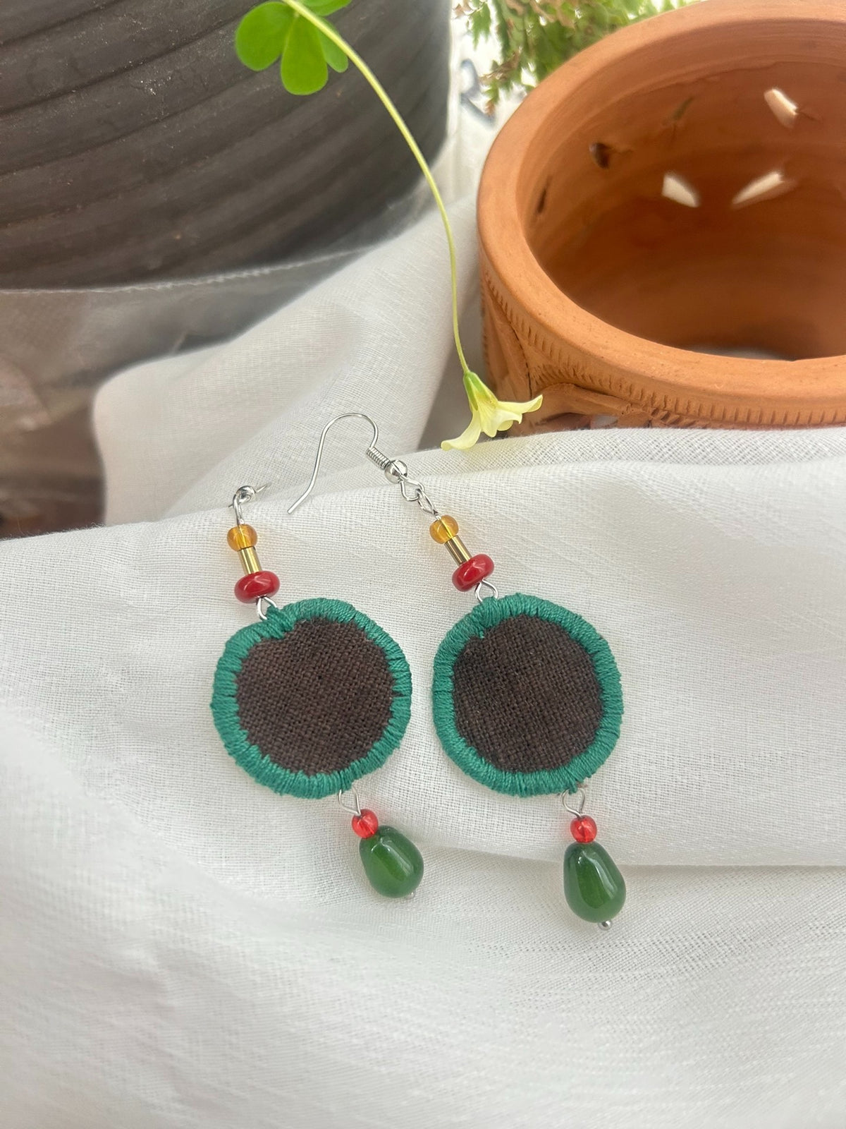 Handmade Fabric Earrings with Fringed Pendant
