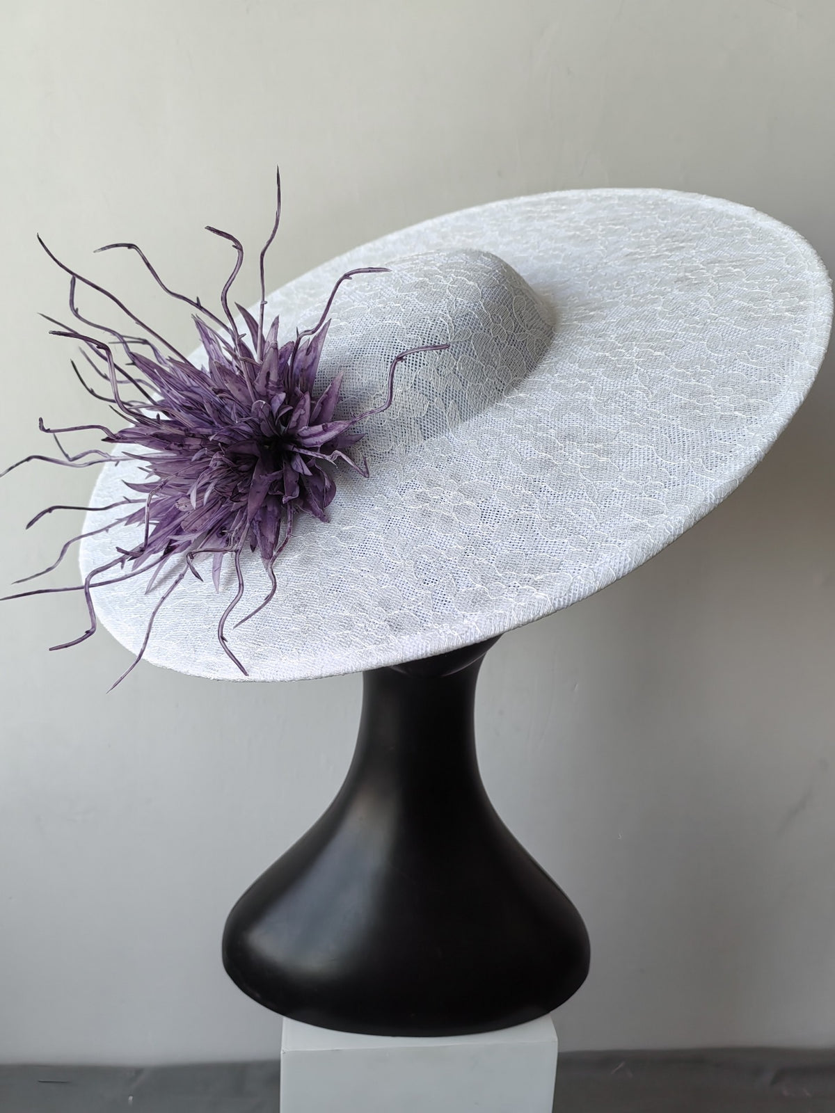 White Lace Bridal Hat with Purple Flowers