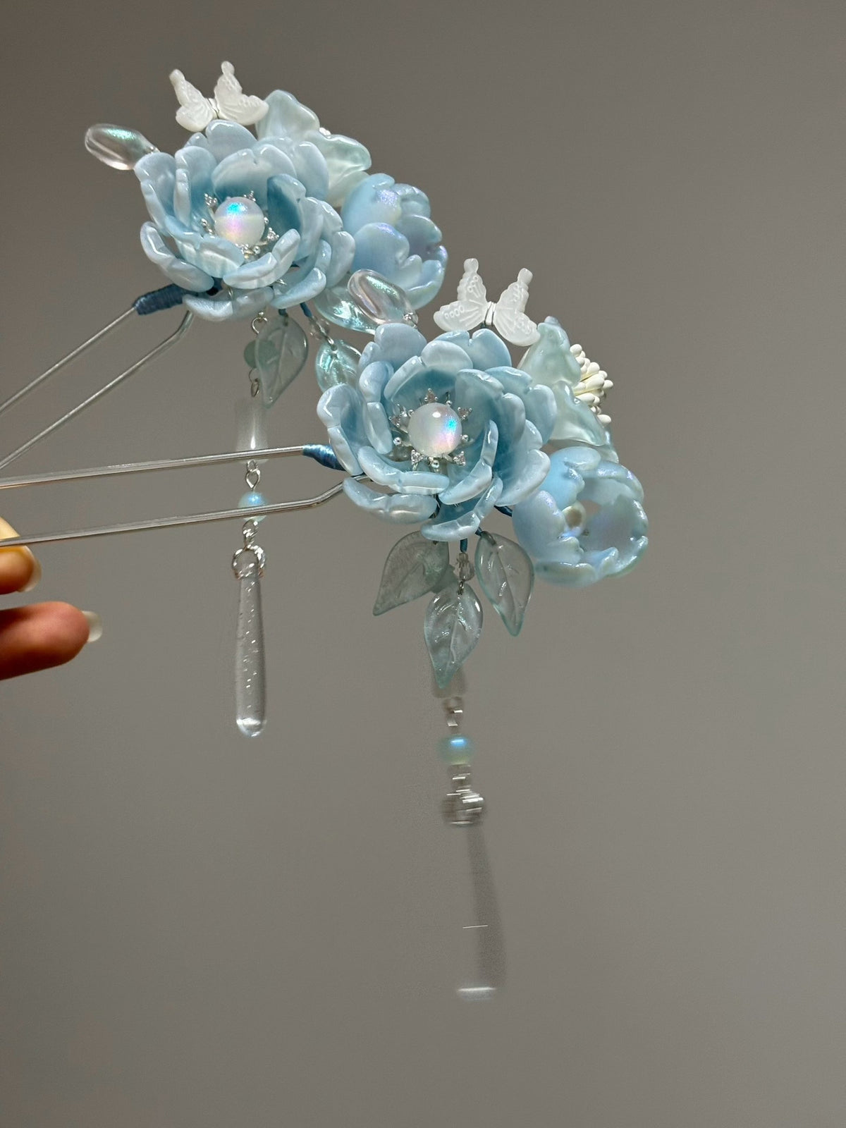Glass Hairpin with Sky Blue Floral Design