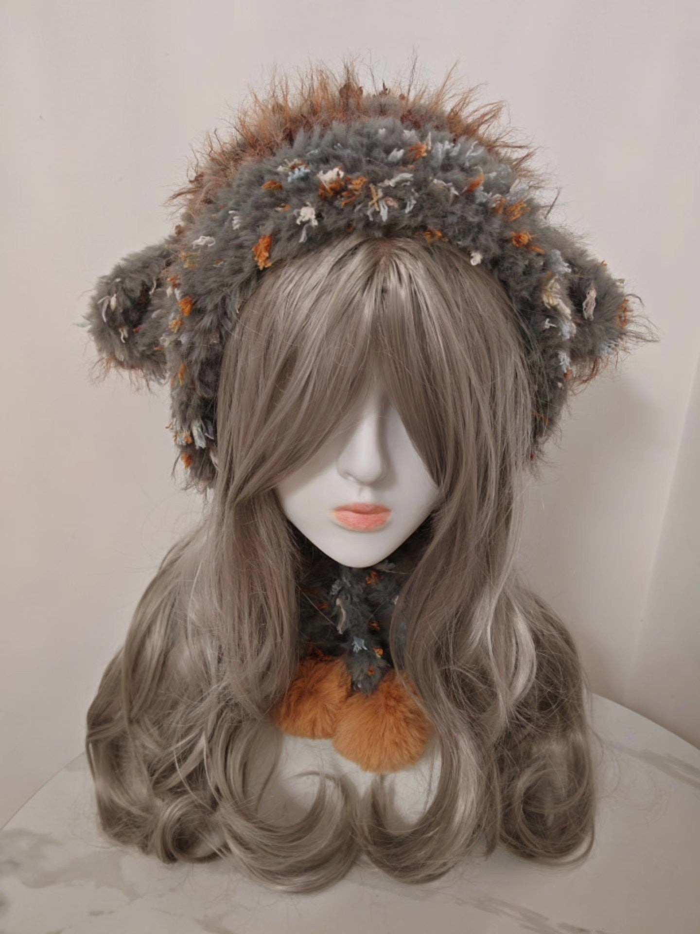 Gray and Beige Lamb Hat with Orange Pom-Poms
