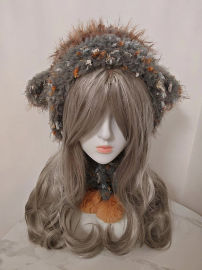 Gray and Beige Lamb Hat with Orange Pom-Poms