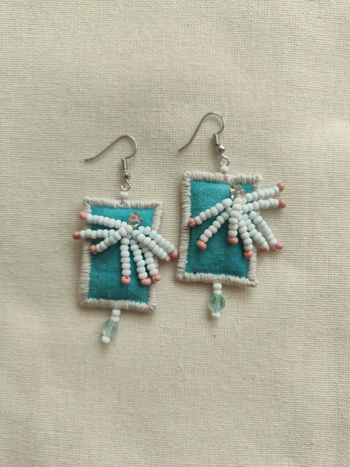 Teal Fabric Beaded Tassel Earrings