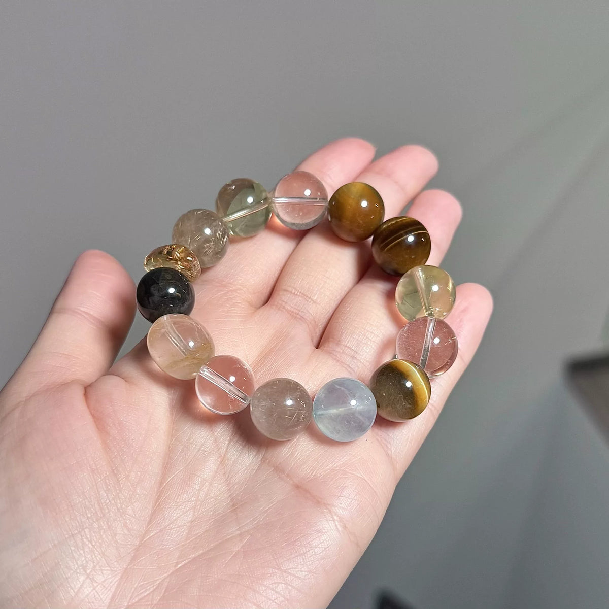 Bracciale in Cristalli Quarzo Rutilato Dorato e Occhio di Tigre